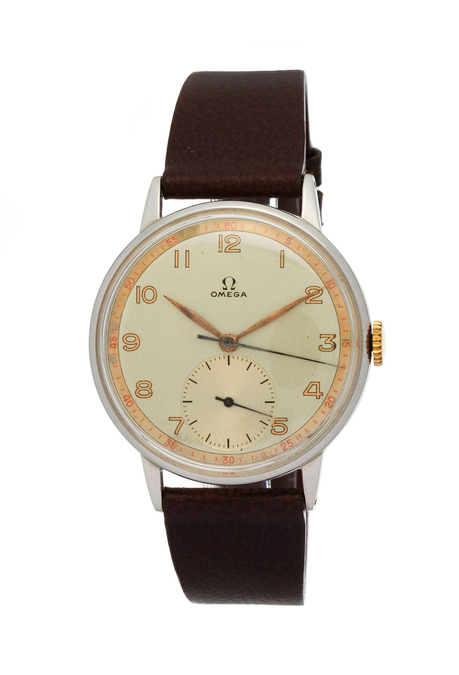 Omega, réf. 2325/7, montre petite seconde en acier, années 1950 Mouvement: cal. 283, m&#: Omega, réf. 2325/7, montre petite seconde en acier, années 1950 Mouvement: cal. 283, mécanique, 17 rubis, n°13316273 Boîtier: diam. 37 mm Complication: compteur subsidiaire po