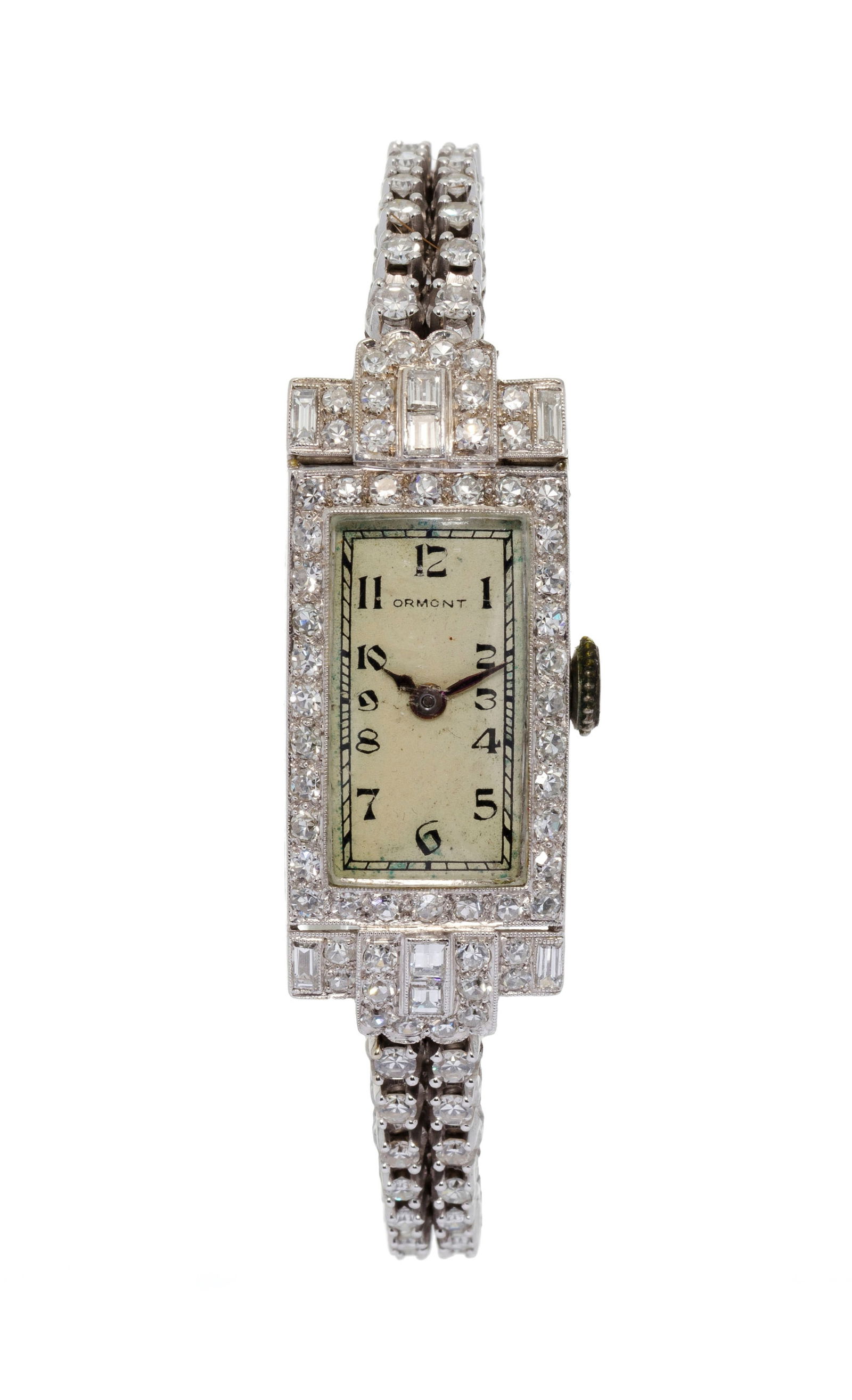 Ormont, montre-bracelet partiellement Art Déco en or gris 750 et platine sertie de diamants M: Ormont, montre-bracelet partiellement Art Déco en or gris 750 et platine sertie de diamants Mouvement: mécanique, 17 rubis, n°497529 Boîtier: n°303816, larg. 15 mm Signature: