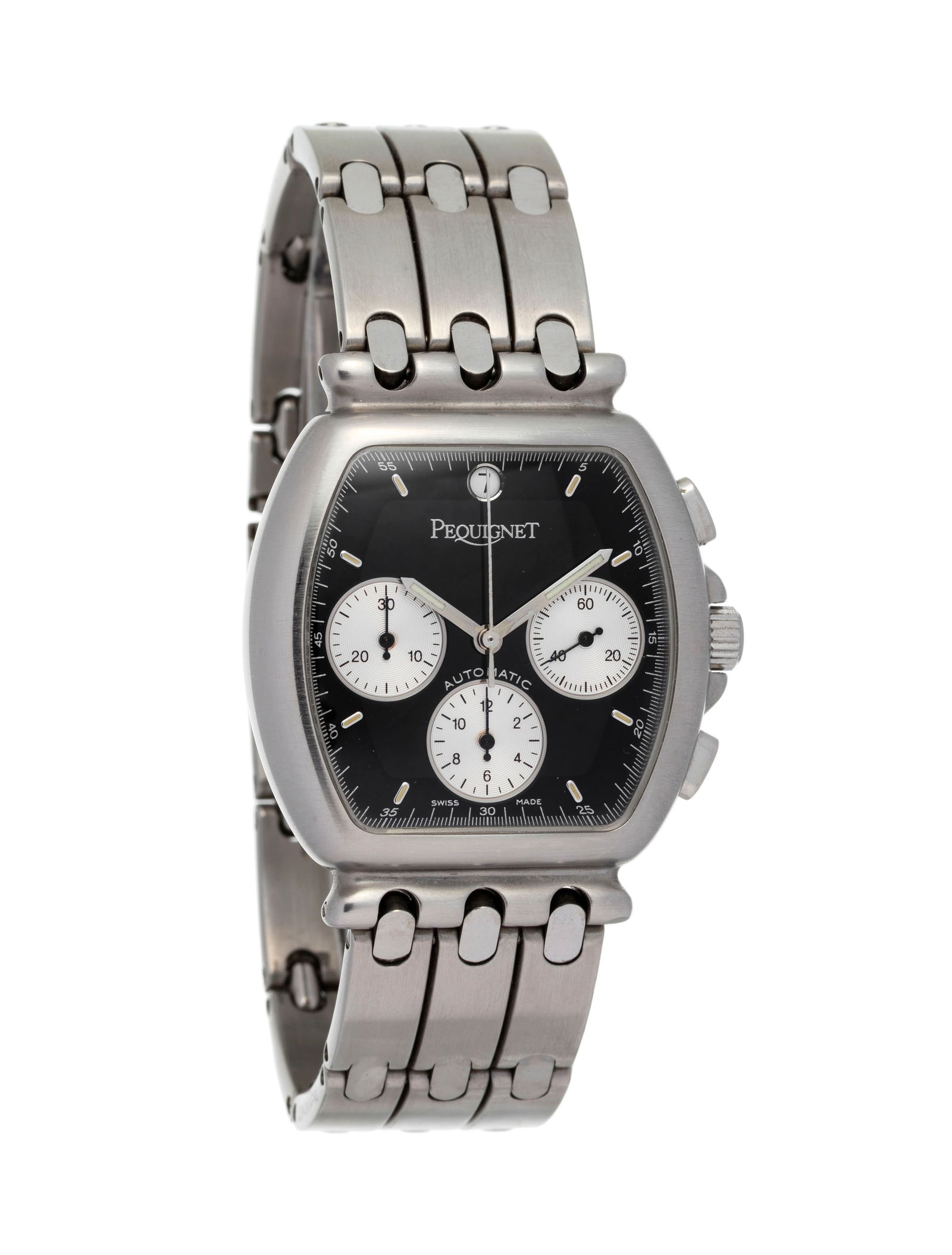 Pequignet, montre-bracelet chronographe en acier Mouvement: cal. ETA 2894-2, automatique, 37 rubis: Pequignet, montre-bracelet chronographe en acier Mouvement: cal. ETA 2894-2, automatique, 37 rubis Boîtier: n°4068343/090, larg. 35 mm, fond en verre laissant apparaître le mouvement