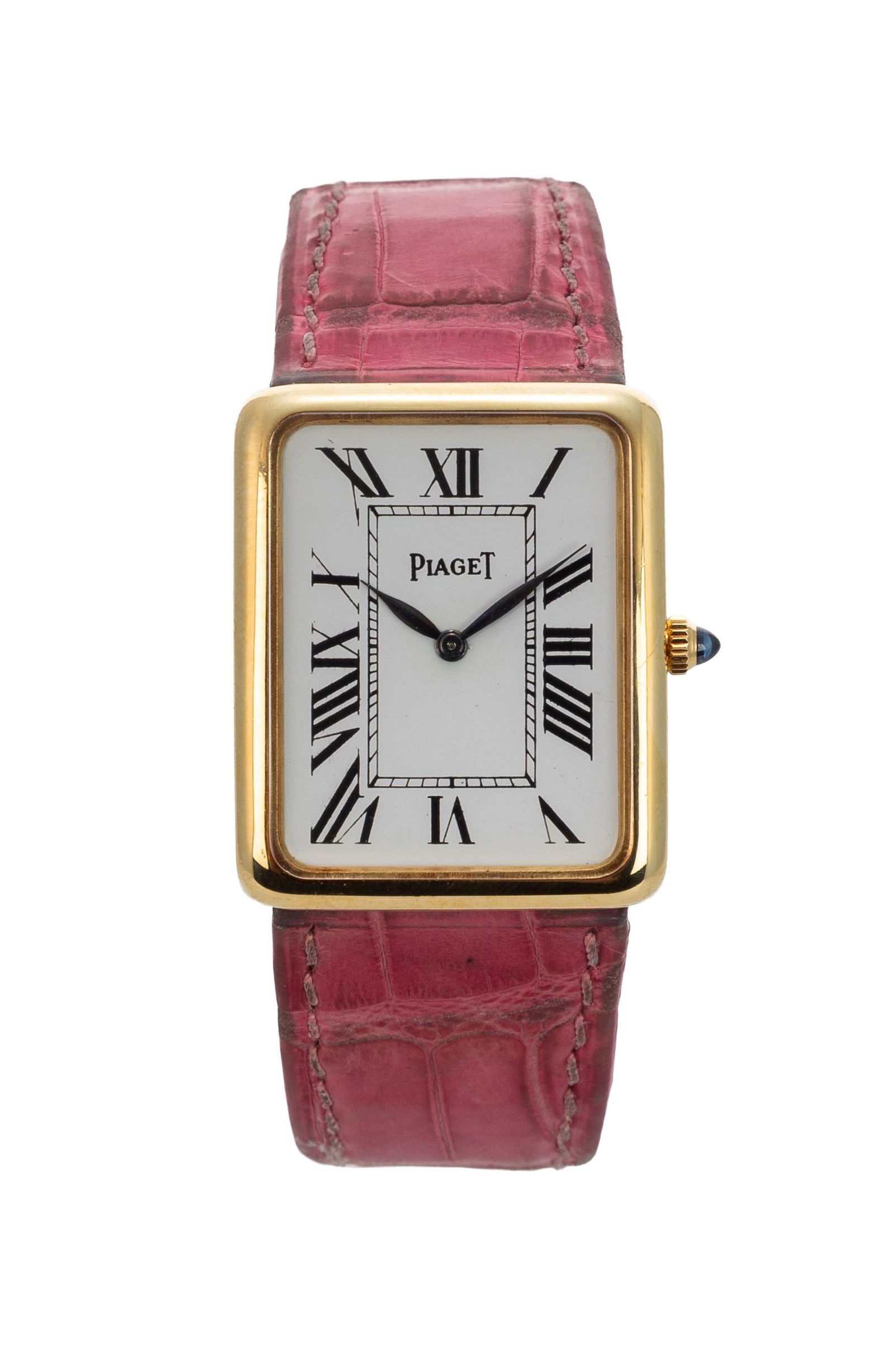 Piaget, réf. 9298, montre en or 750, années 1970-80 Mouvement: cal. 9P2, mécanique,: Piaget, réf. 9298, montre en or 750, années 1970-80 Mouvement: cal. 9P2, mécanique, 18 rubis, n°802590 Boîtier: n°350592, larg. 23 mm Bracelet Piaget: croco rose avec bou