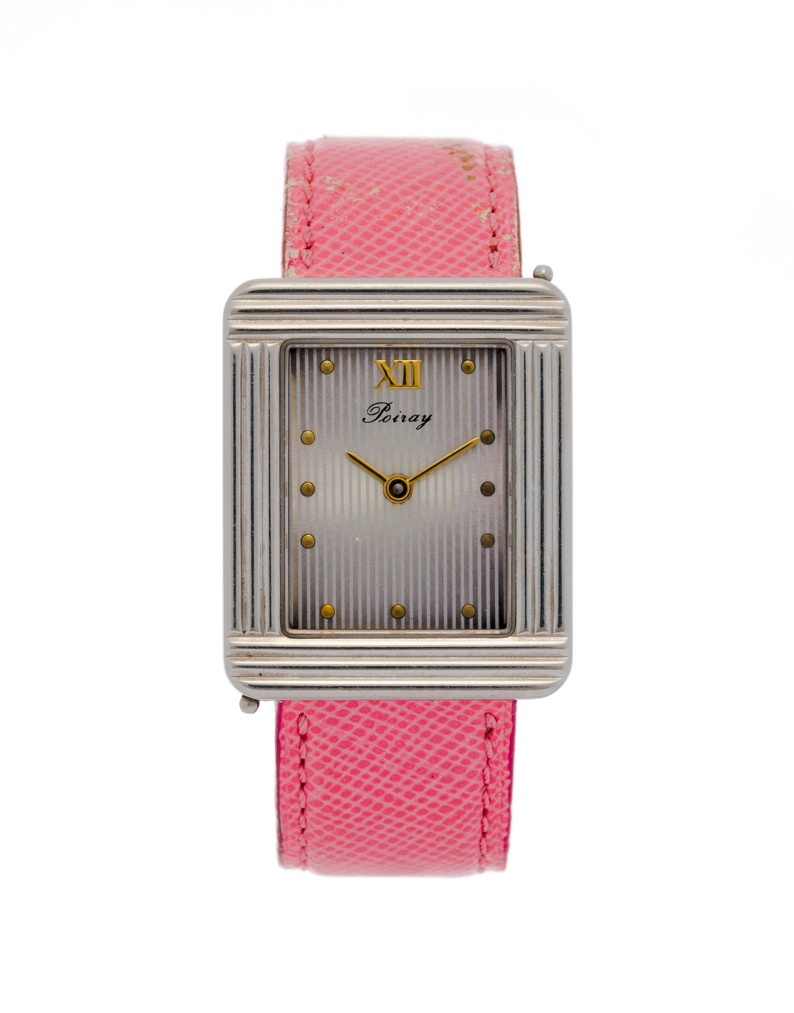 Poiray, montre en acier Mouvement: cal. ETA 901.001, quartz, 3 rubis Boîtier: n°A61021: Poiray, montre en acier Mouvement: cal. ETA 901.001, quartz, 3 rubis Boîtier: n°A61021, larg. 24 mm Bracelet Poiray: cuir rose Signature: cadran, boîtier Accessoires: 9 bracelets suppl&