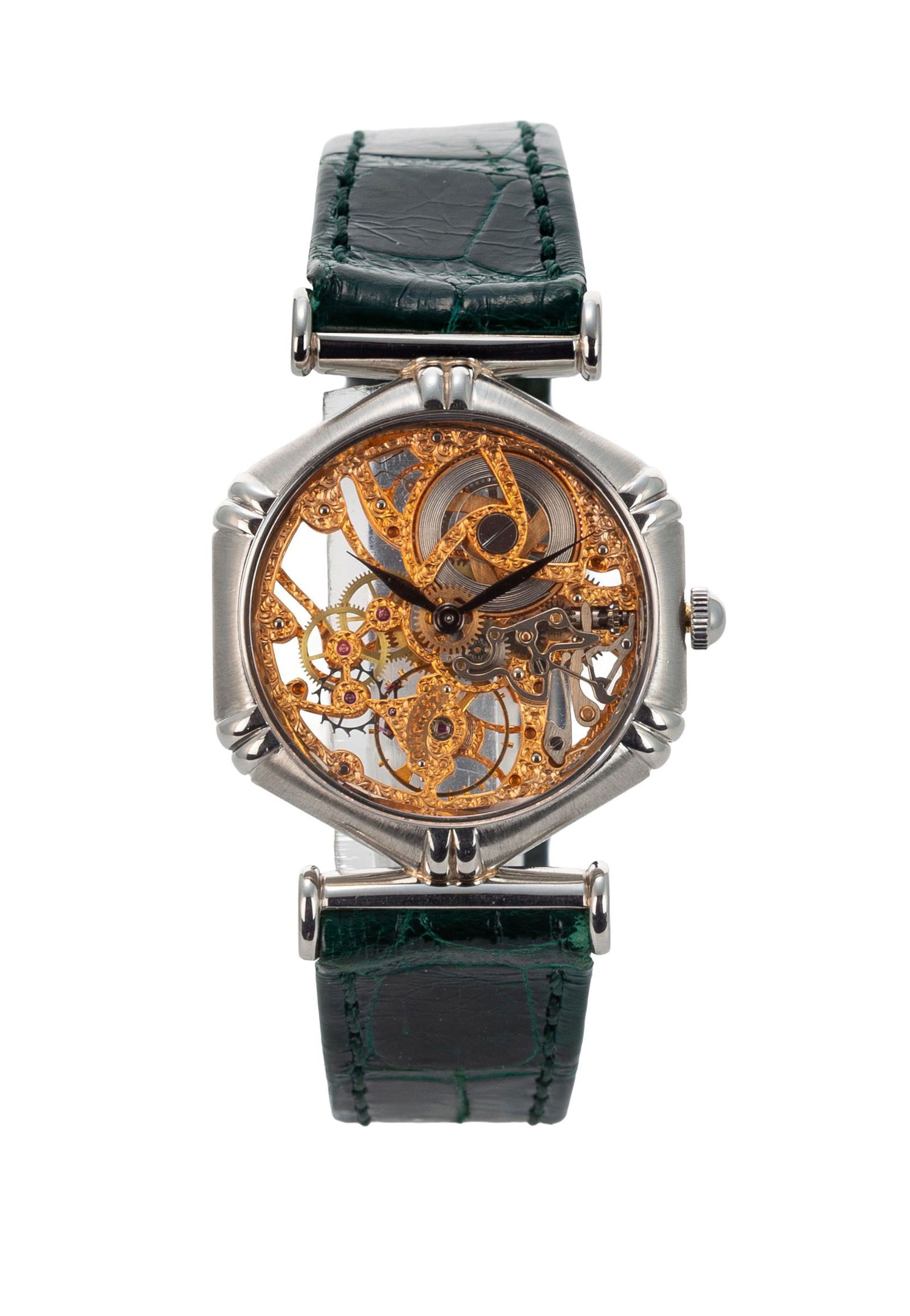 K. Schaffo, montre squelette en platine avec mouvement gravé, circa 1993 Mouvement: méca: K. Schaffo, montre squelette en platine avec mouvement gravé, circa 1993 Mouvement: mécanique, n°565 Boîtier: larg. 25 mm, fond en verre laissant apparaître le mouvement Brace