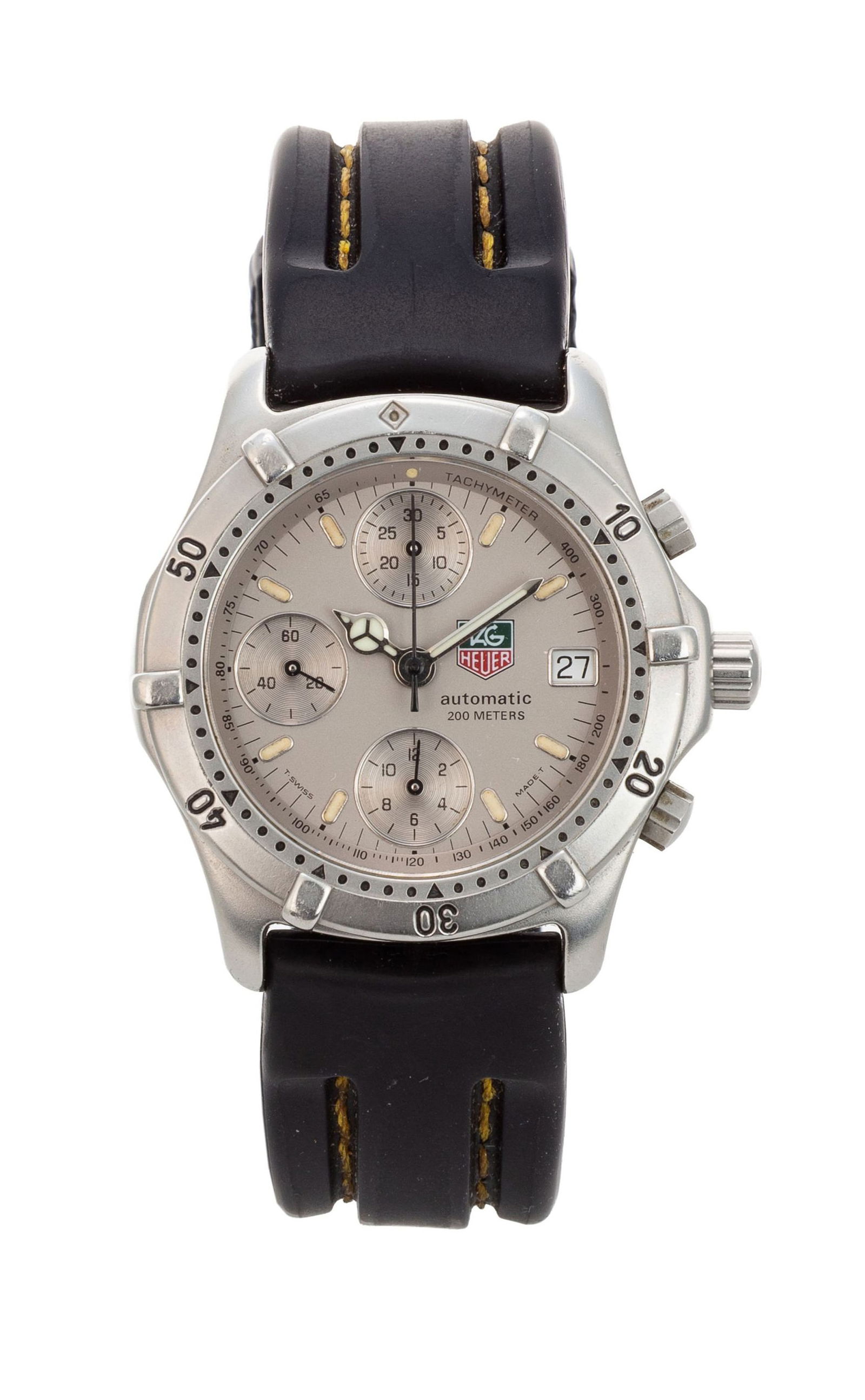 Tag Heuer, réf. 760.306, montre chronographe en acier, années 1990 Mouvement: cal. 4.95/: Tag Heuer, réf. 760.306, montre chronographe en acier, années 1990 Mouvement: cal. 4.95/ETA 7750, automatique, 25 rubis Boîtier: diam. lunette tournante unidirectionnelle Complications:
