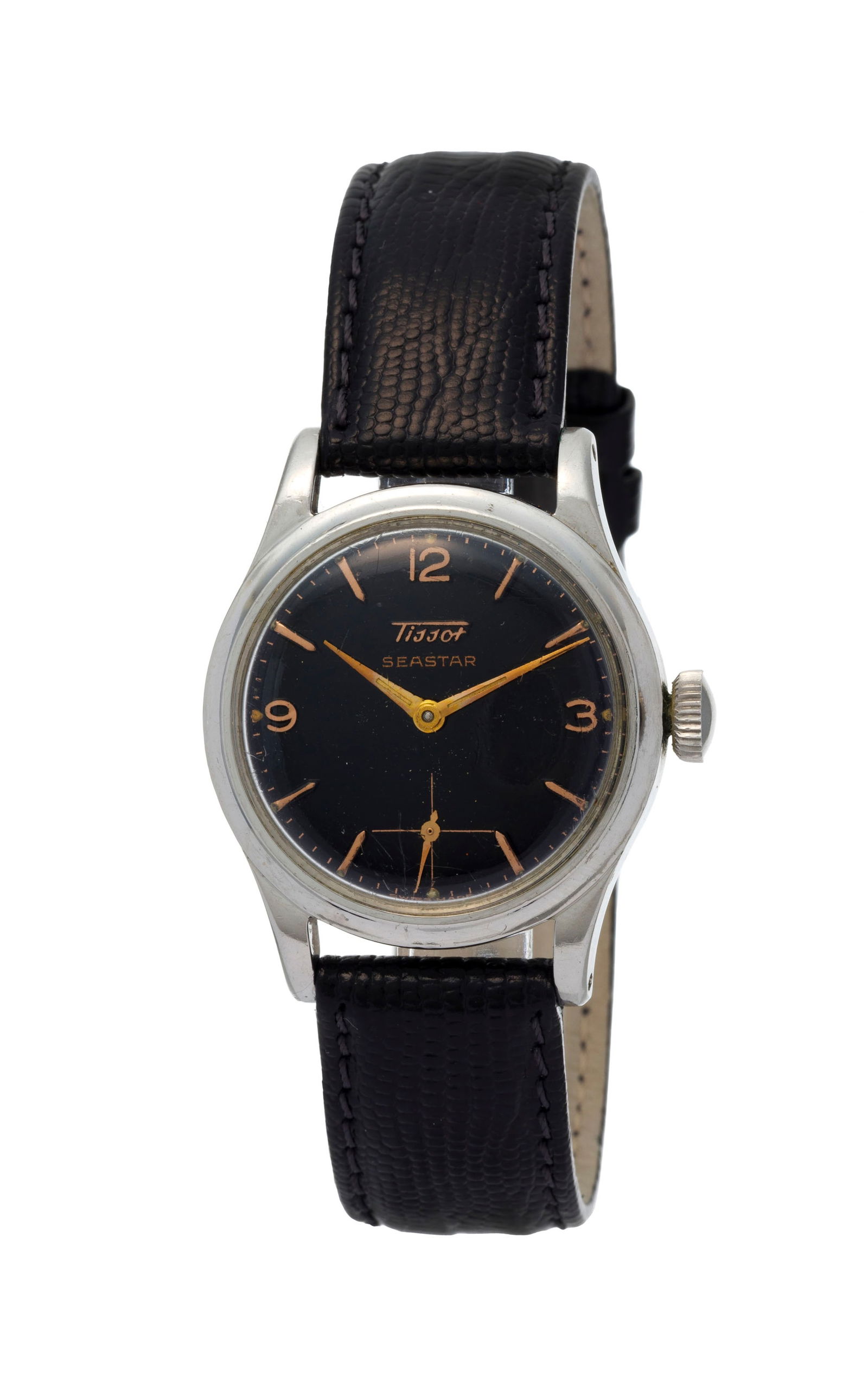 Tissot, Seastar, montre petite seconde en acier Mouvement: mécanique, n°119329 Bo: Tissot, Seastar, montre petite seconde en acier Mouvement: mécanique, n°119329 Boîtier: n°1127141, diam. 31 mm Complication: compteur subsidiaire pour les secondes Bracelet: cuir