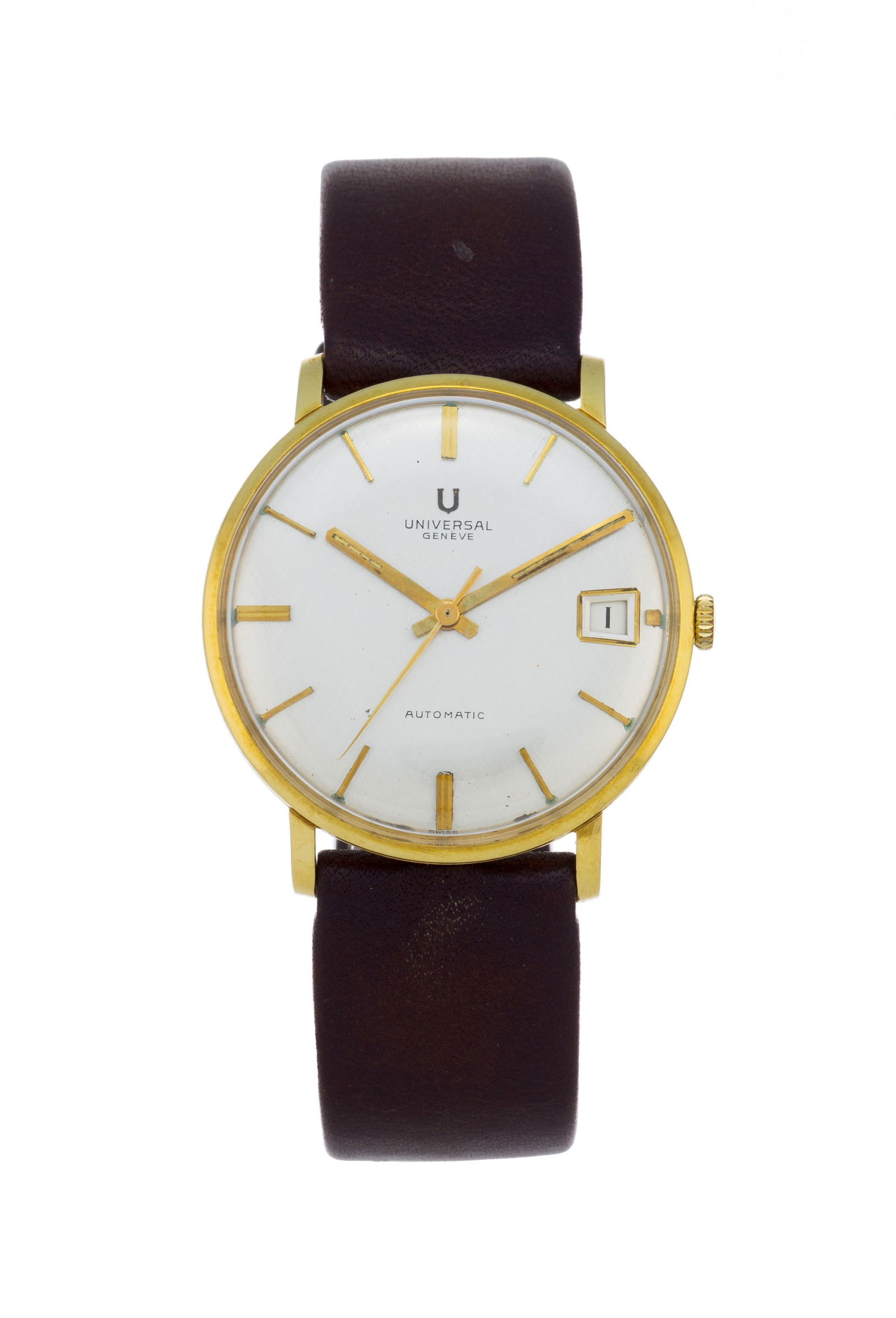 Universal, réf. 104603-2, montre en or 750 avec indication de la date, années 1960 Mouve: Universal, réf. 104603-2, montre en or 750 avec indication de la date, années 1960 Mouvement Brevet n°329805: cal. 218-2, automatique, 28 rubis Boîtier: n°2210263, diam. 34