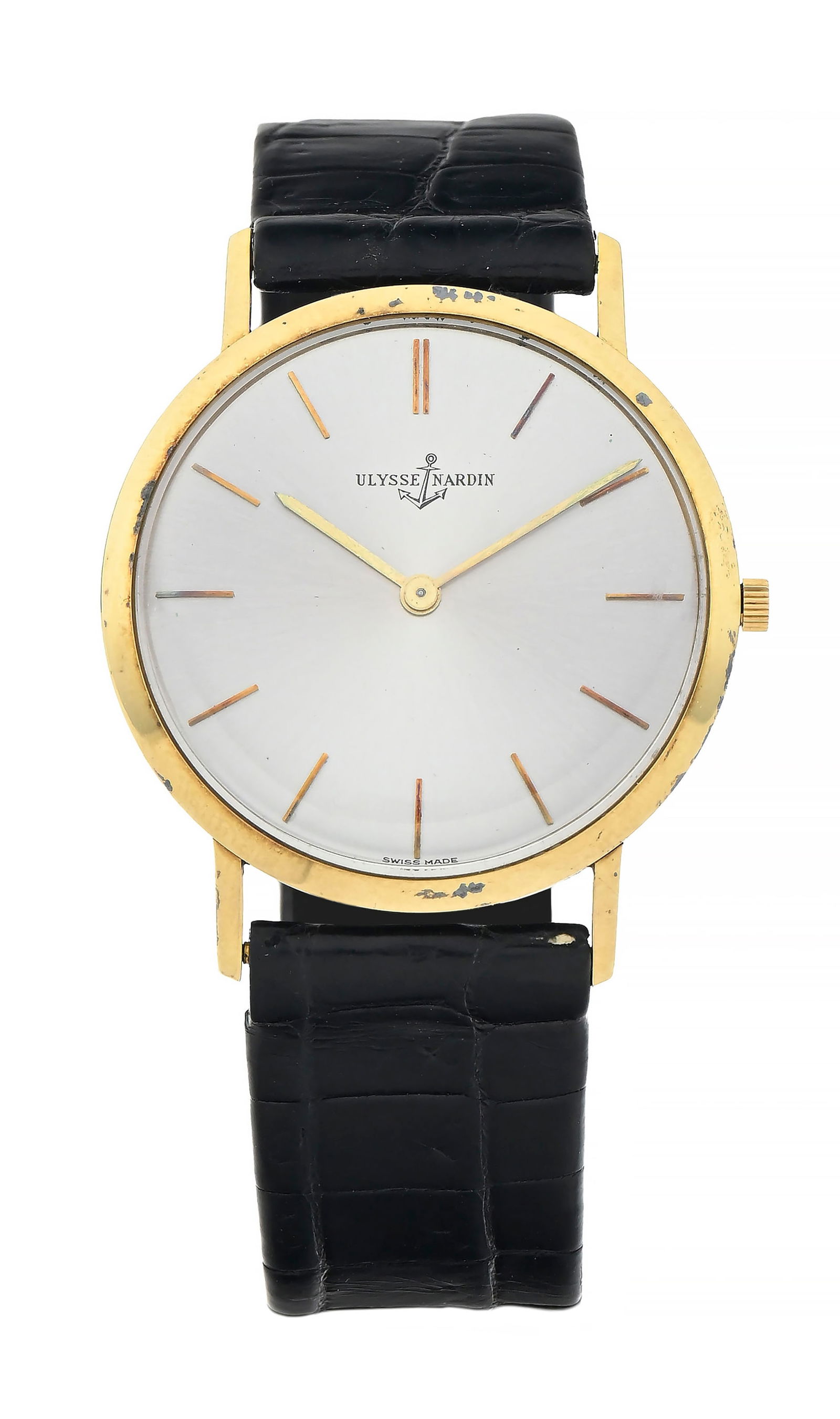 Ulysse Nardin, montre extra plate en or 750, années 1950-60 Mouvement: mécanique, 18 rub: Ulysse Nardin, montre extra plate en or 750, années 1950-60 Mouvement: mécanique, 18 rubis, n°1200278 Boîtier: n°720966, diam. 33 mm Bracelet: croco noir avec boucle ardillon