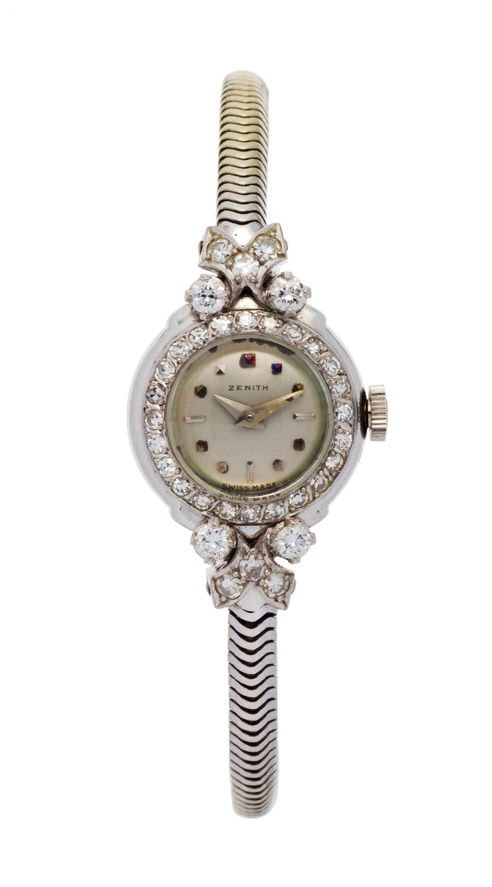 Zenith, montre-bracelet Art Déco en or gris 750 sertie de diamants Mouvement: mécanique,: Zenith, montre-bracelet Art Déco en or gris 750 sertie de diamants Mouvement: mécanique, n°4202591 Boîtier: n°620081, diam. 17 mm Signature: cadran, mouvement, boîtier