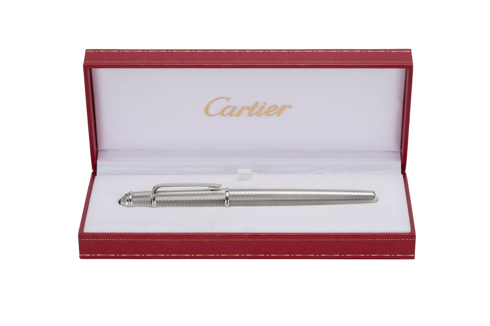 Cartier, stylo plume en métal orné sur le capuchon d'un cabochon en résine bleue, bec - 2