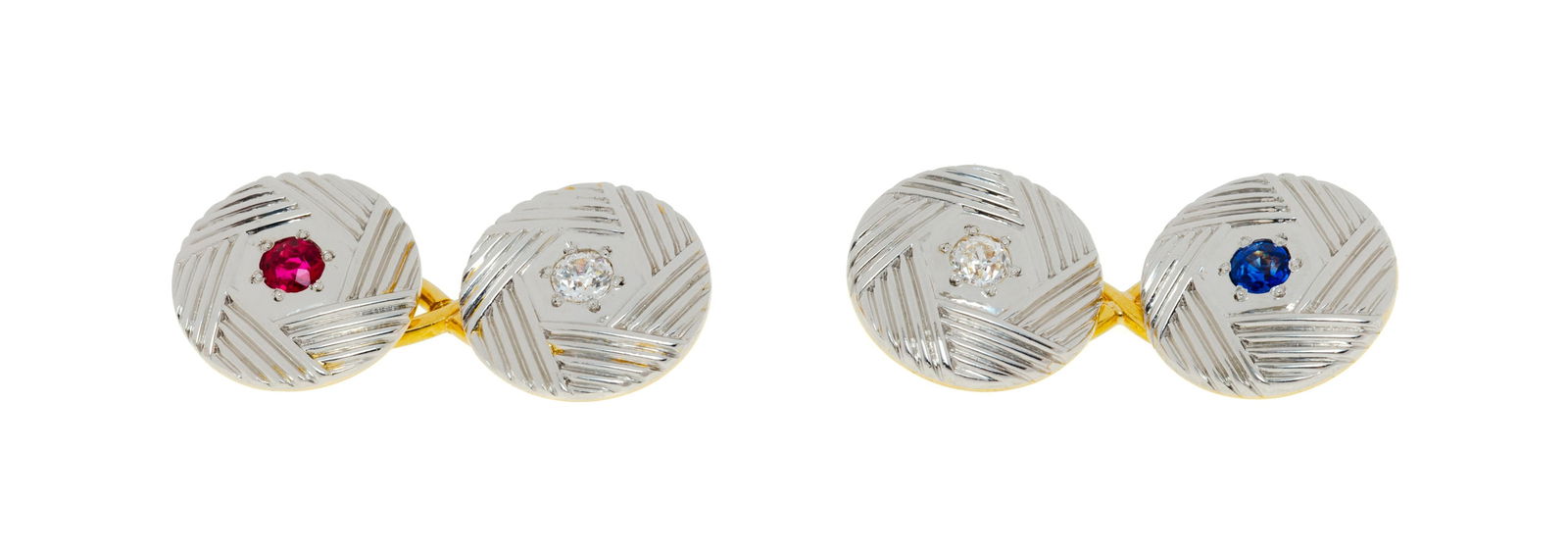 Paire de boutons de manchette années 1940-50 or 750 et platine sertis d'un rubis, d'un saphir e (1 of 4)