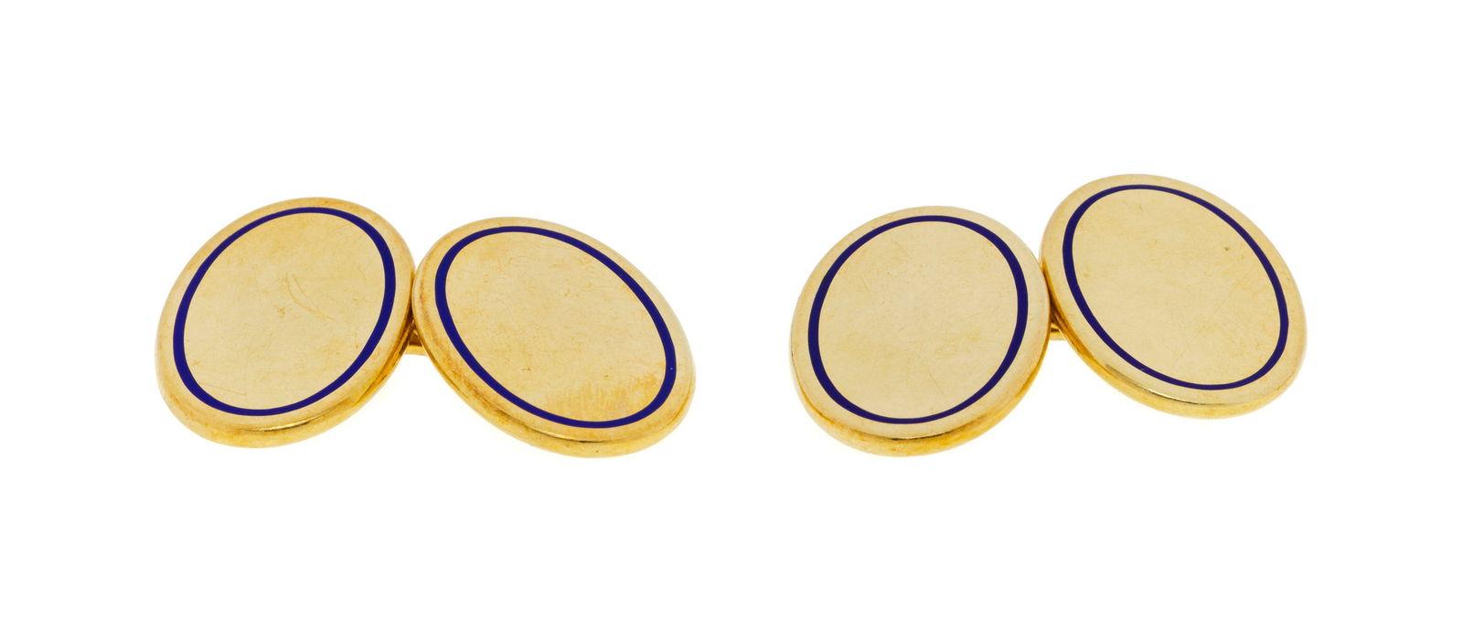 Cartier, paire de boutons de manchette or 585 et émail bleu, signés, numérotés 2: Cartier, paire de boutons de manchette or 585 et émail bleu, signés, numérotés 25190, h. 1.8 cm, 20g ConditionBon état de conservation général. Présence de