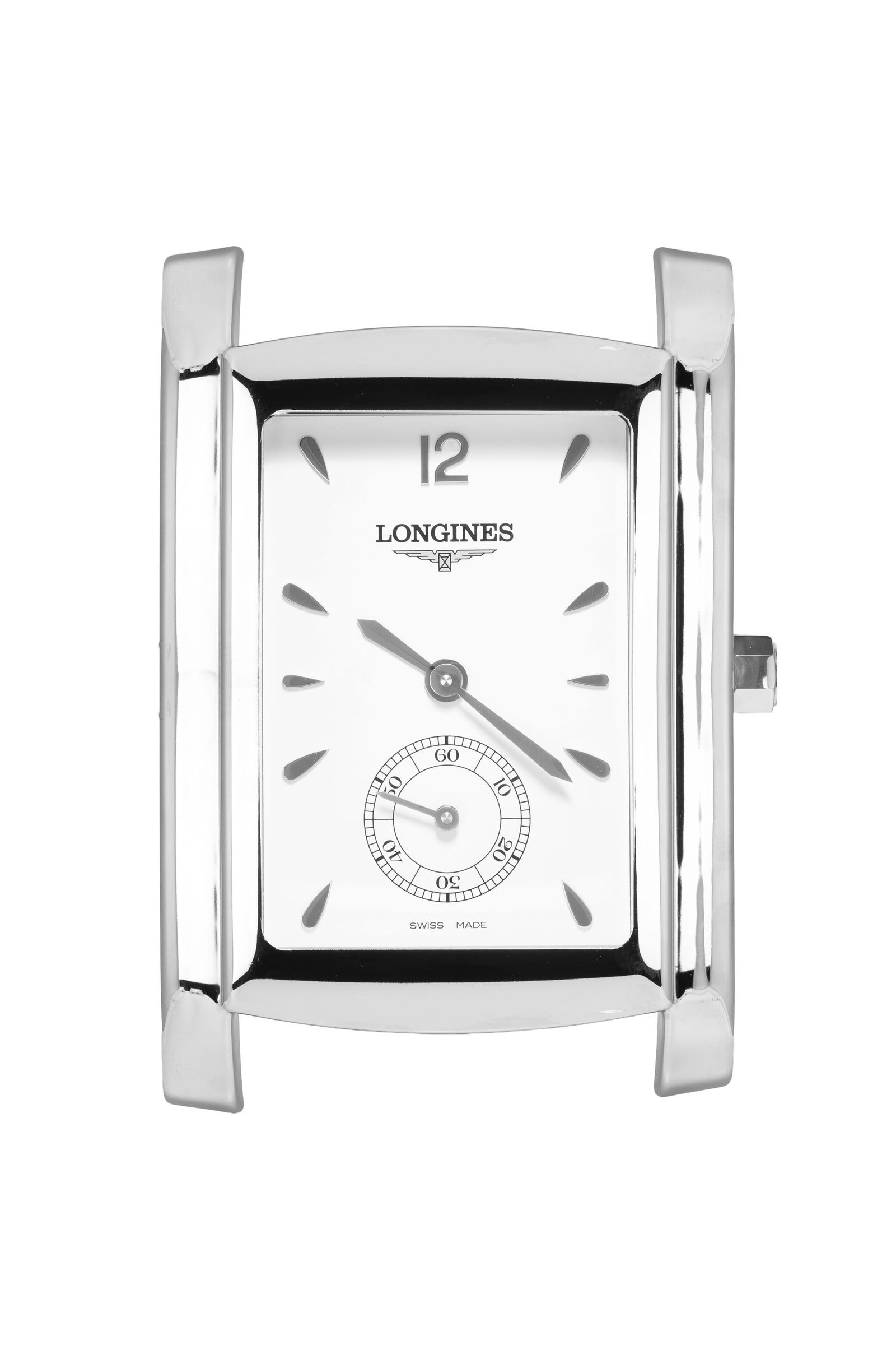 Ruegg SA pour Longines, horloge murale petite seconde en plastique argenté reprenant le mod: Ruegg SA pour Longines, horloge murale petite seconde en plastique argenté reprenant le modèle Dolce Vita Mouvement: quartz Boîtier: dim. 45.5 x 29.5 cm Complication: compteur subsidiai