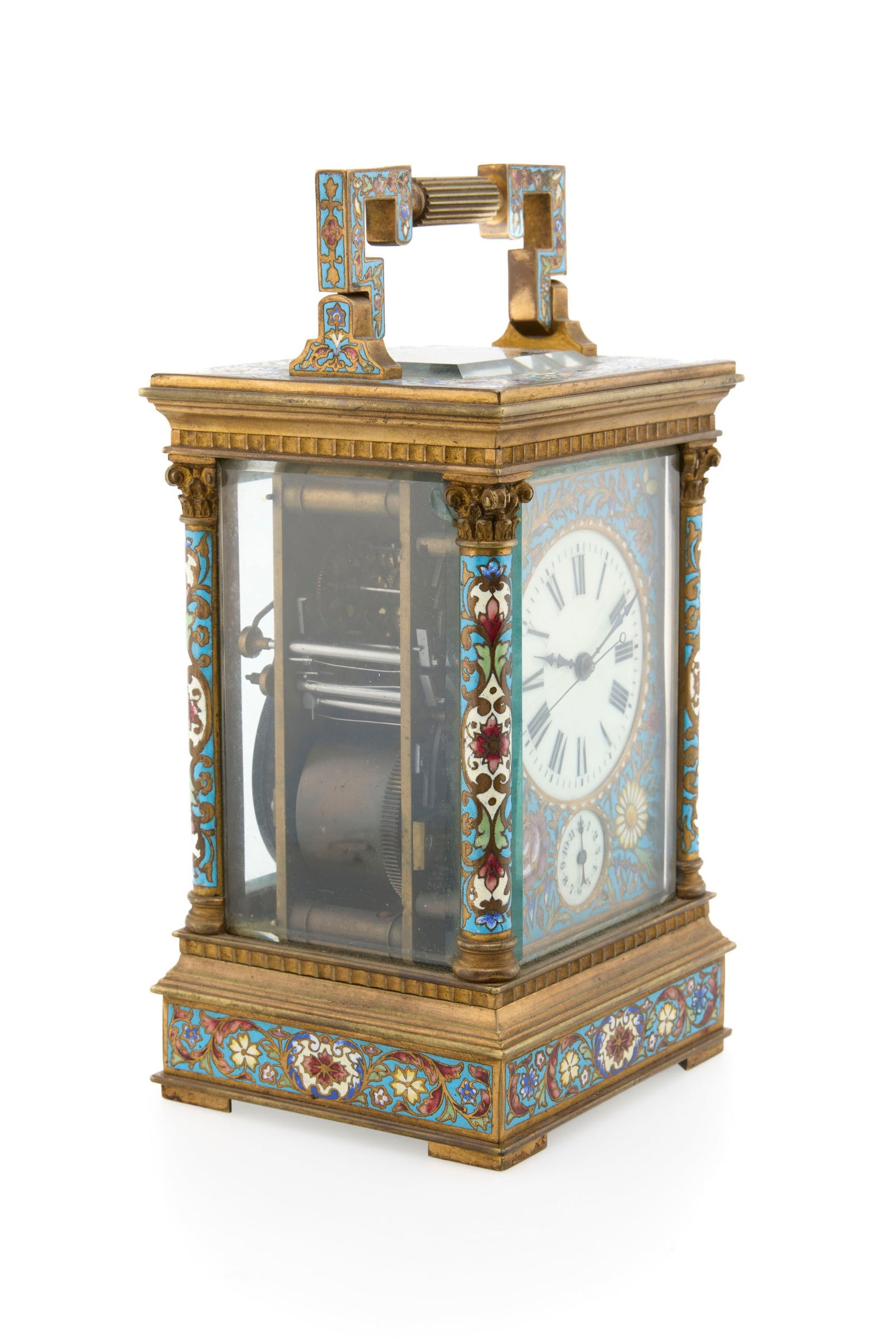 Pendulette d'officier à répétition en laiton et émail polychrome à motif fl - 2