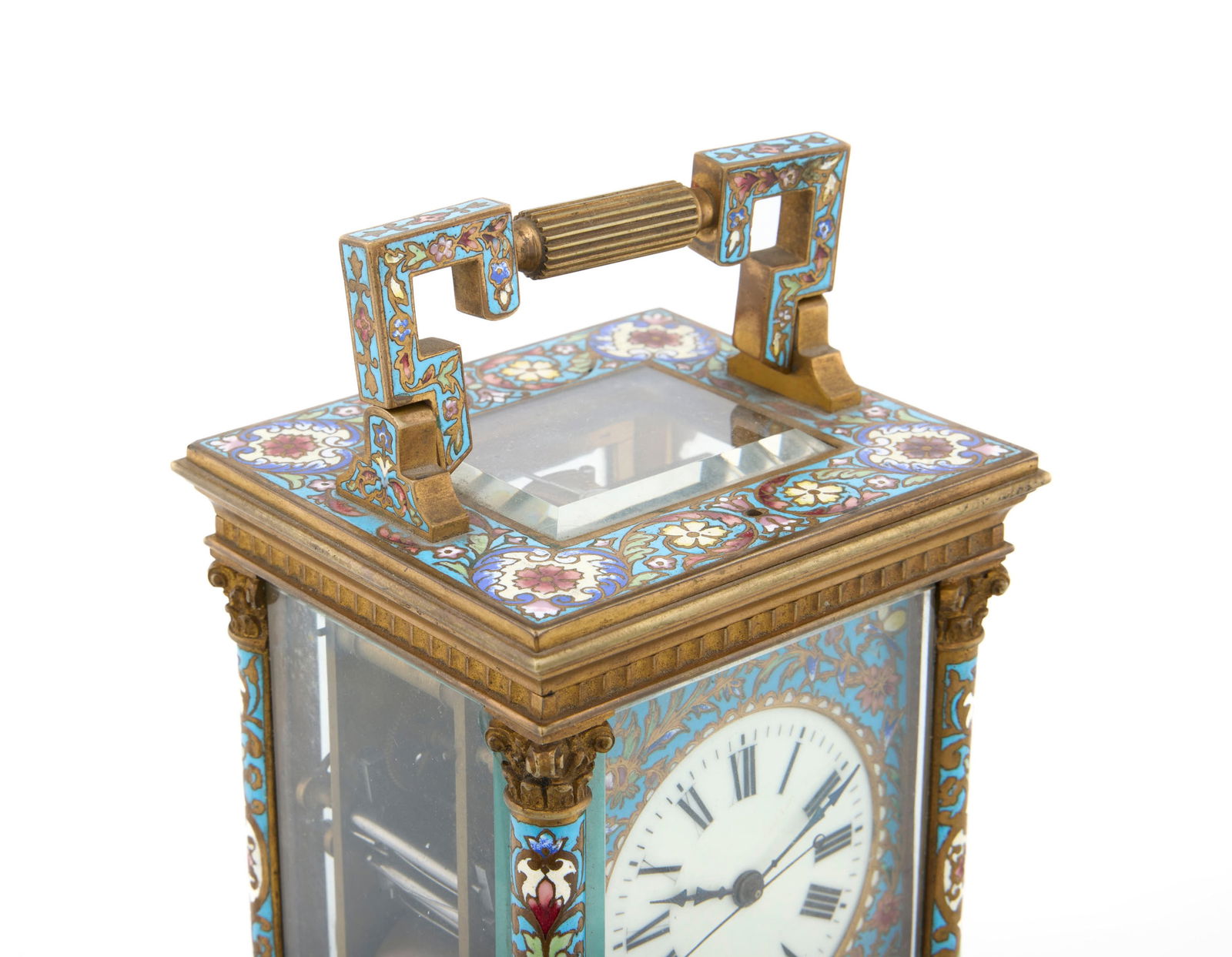 Pendulette d'officier à répétition en laiton et émail polychrome à motif fl - 3