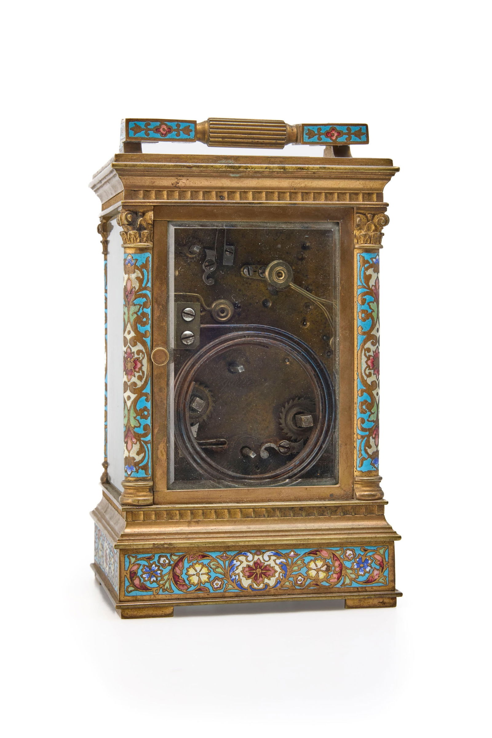 Pendulette d'officier à répétition en laiton et émail polychrome à motif fl - 4