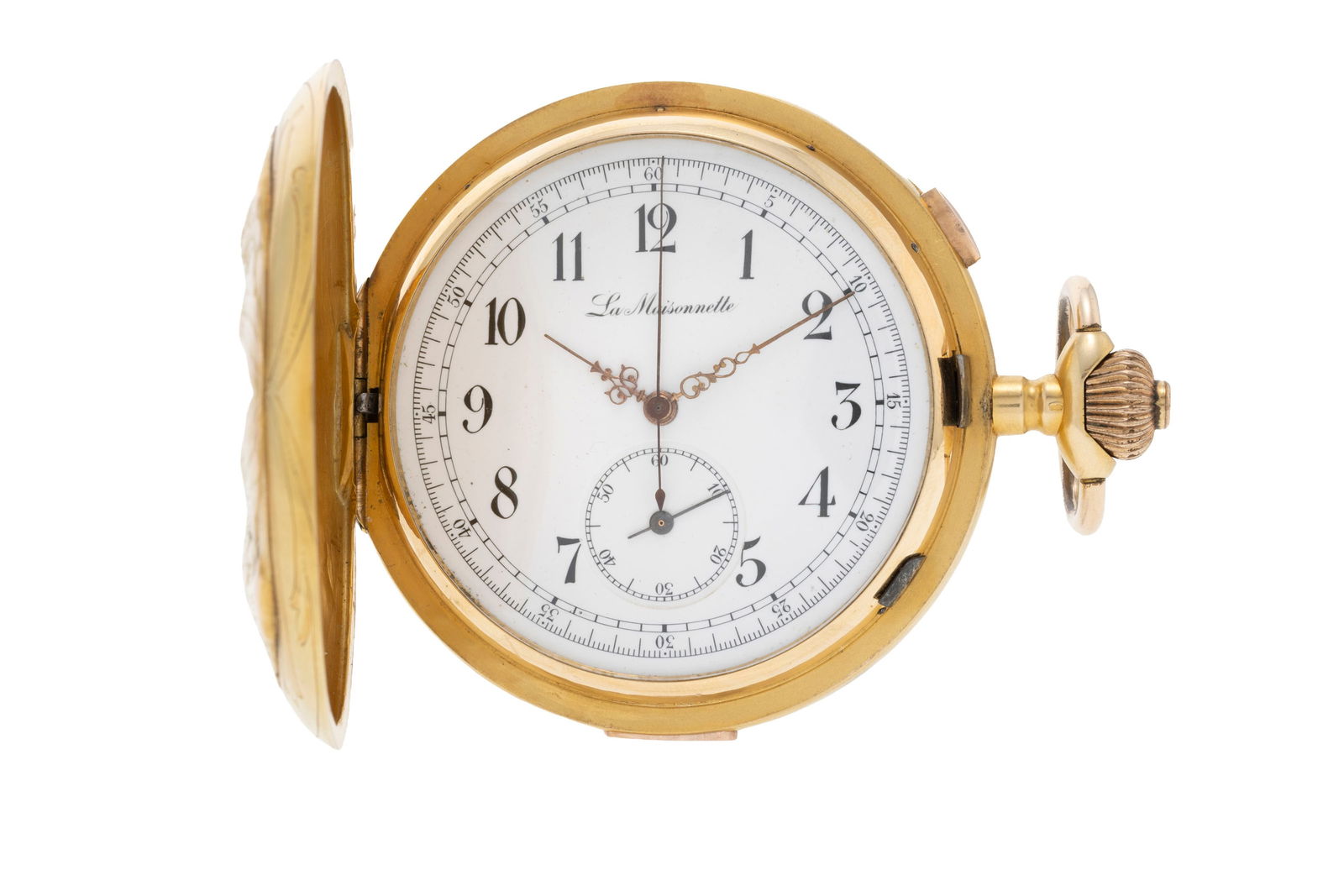 La Maisonnette, montre de poche chronographe à répétition en or 750 gravée d'une (1 of 4)