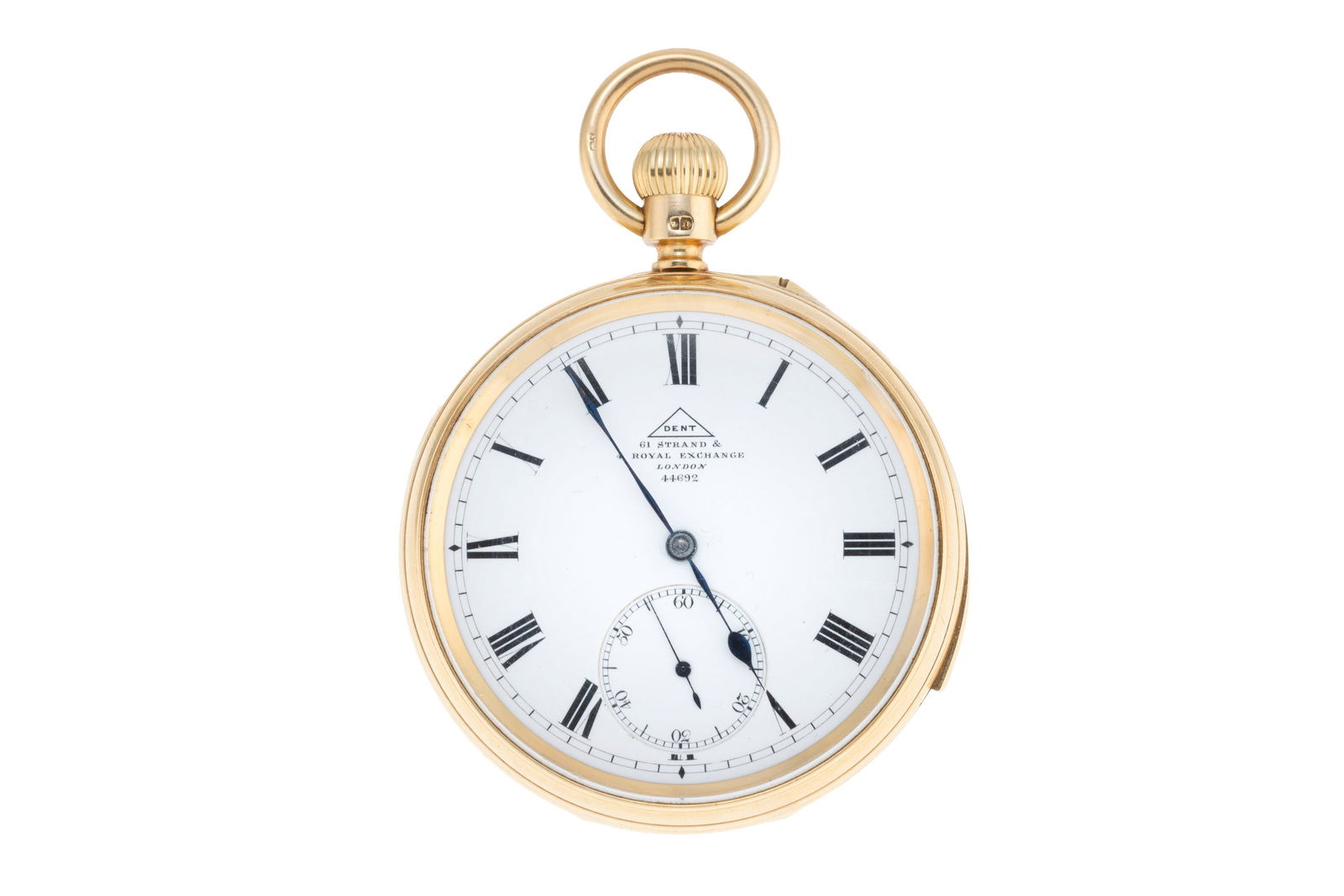 Dent London, montre de poche petite seconde en or 750 à répétition, XIXe s. Mouveme: Dent London, montre de poche petite seconde en or 750 à répétition, XIXe s. Mouvement: mécanique, n°44692 Boîtier: n°44692, diam. 52 mm Complications: