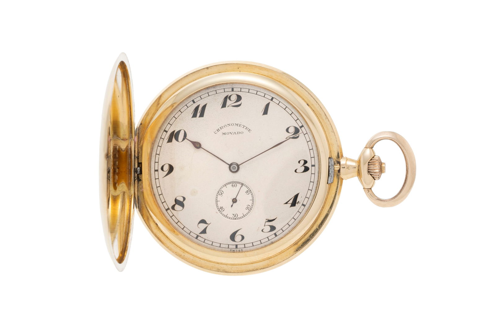 Movado, montre de poche petite seconde extra plate en or 750 Mouvement: mécanique, 15 rubis : Movado, montre de poche petite seconde extra plate en or 750 Mouvement: mécanique, 15 rubis Boîtier: n°595373, diam. 46 mm Complication: compteur subsidiaire pour les secondes Signature