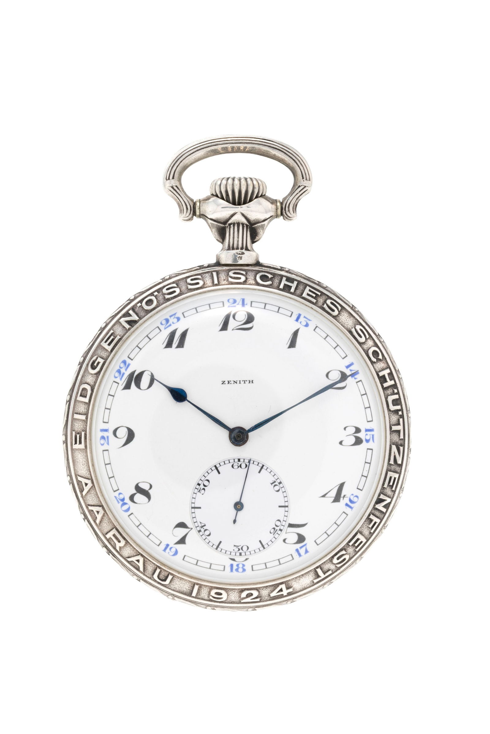 Zenith et Huguenin pour le Tir Fédéral d'Aarau 1924, montre de poche petite seconde en arg: Zenith et Huguenin pour le Tir Fédéral d'Aarau 1924, montre de poche petite seconde en argent Mouvement: mécanique, n°2513269 Boîtier: n°3236805/499, diam. 53 mm Complica