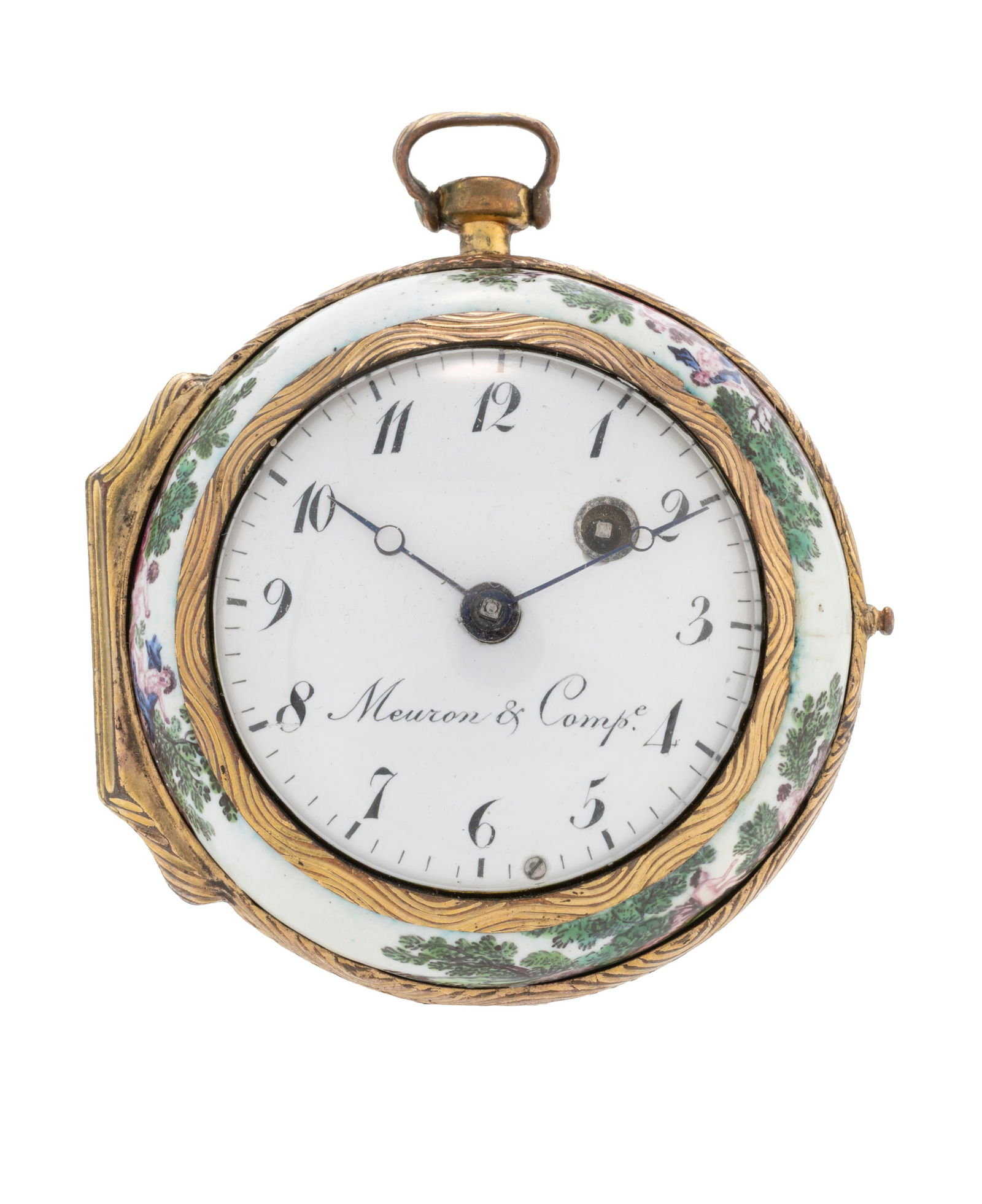 Meuron & Comp., montre de poche à coq en laiton à décor de scènes à l'antiq: Meuron & Comp., montre de poche à coq en laiton à décor de scènes à l'antique en émail polychrome, scène romantique dissimulée par le mouvement, XVIIIe s. M