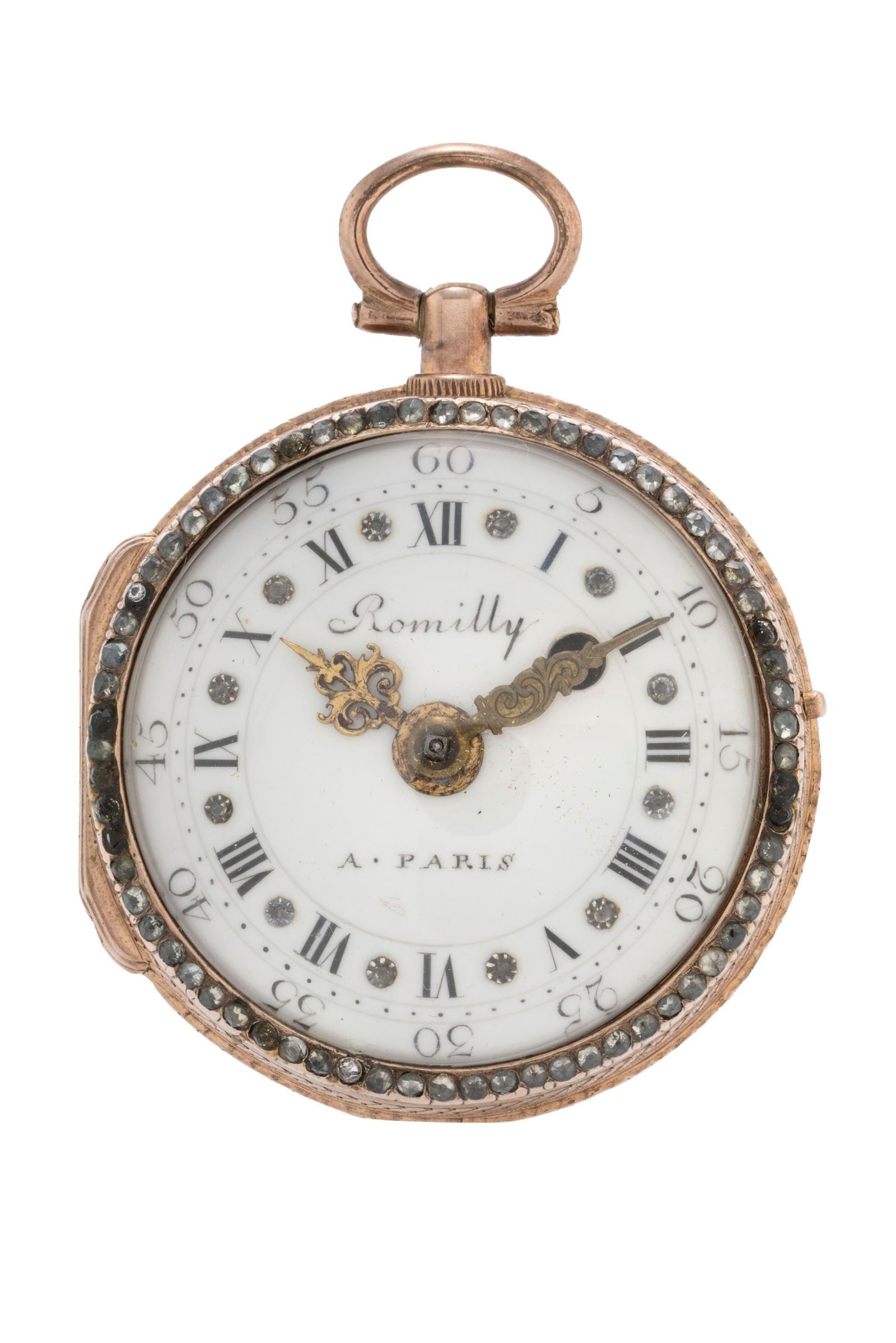 Romilly à Paris, montre de poche à coq en laiton rosé ornée de pâte de verr: Romilly à Paris, montre de poche à coq en laiton rosé ornée de pâte de verre et d'un portrait émaillé d'une élégante au chapeau, XVIIIe s. Mouvement: m