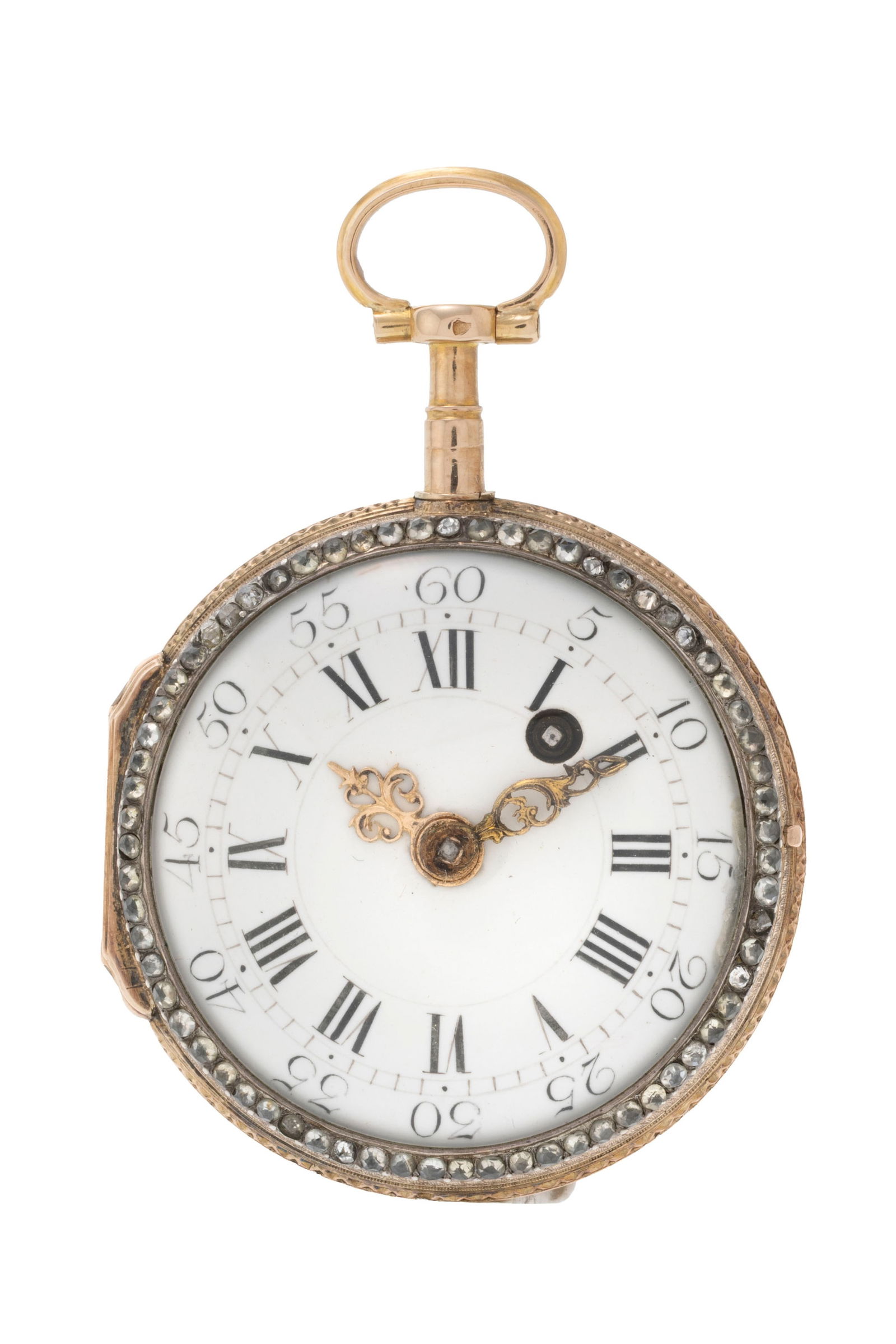 Julien Le Roy Paris, montre de poche à coq en or 585 et argent ornée d'une miniature é: Julien Le Roy Paris, montre de poche à coq en or 585 et argent ornée d'une miniature émaillée d'une scène romantique en sous-bois réhaussée de pâte de verre, mi