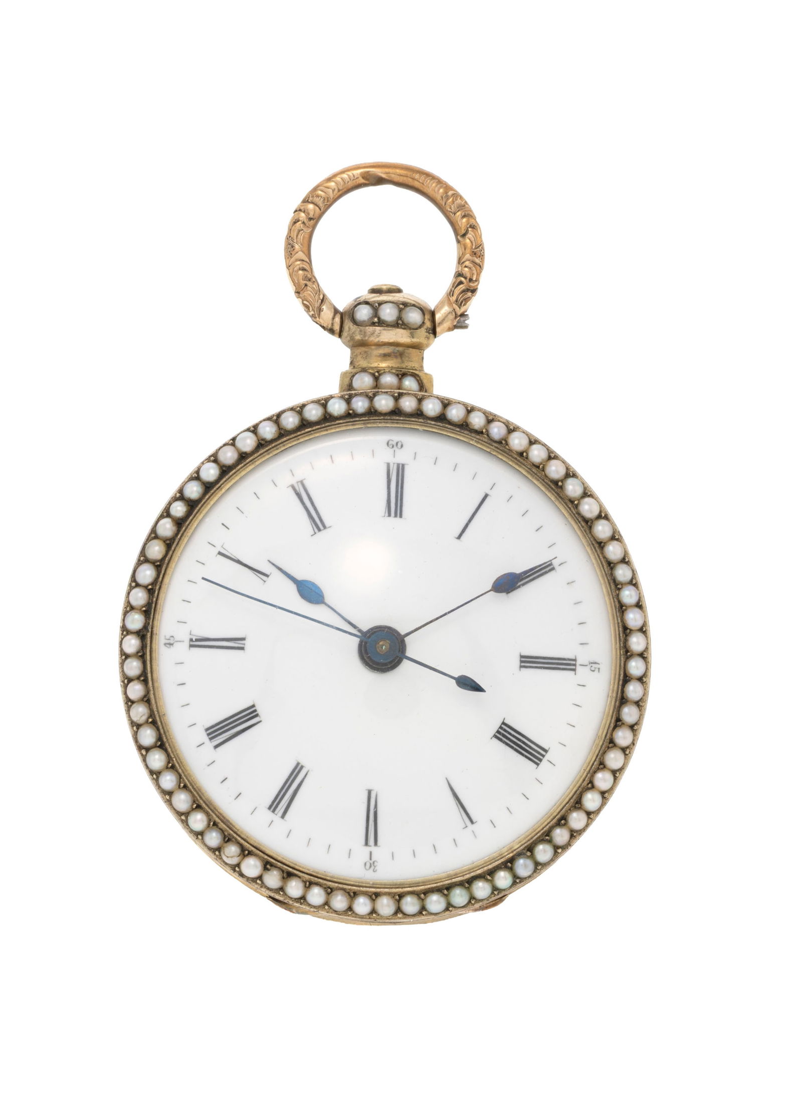 Edouard Juvet Fleurier, montre de poche en laiton ornée d'une miniature émaillée figu: Edouard Juvet Fleurier, montre de poche en laiton ornée d'une miniature émaillée figurant une scène de cueillette avec un couple d'enfants entourée de demi perles, circa 1860