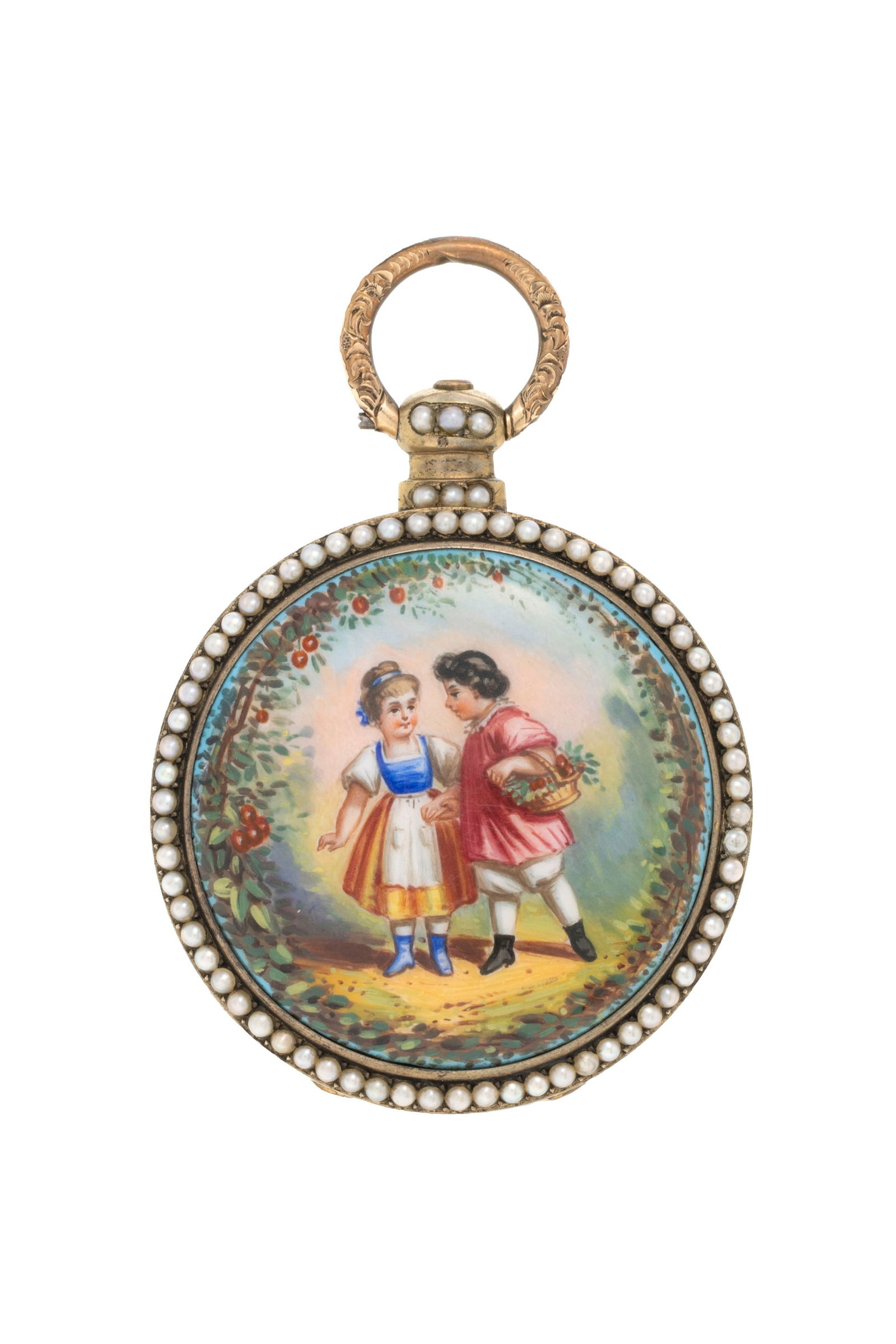 Edouard Juvet Fleurier, montre de poche en laiton ornée d'une miniature émaillée figu - 3