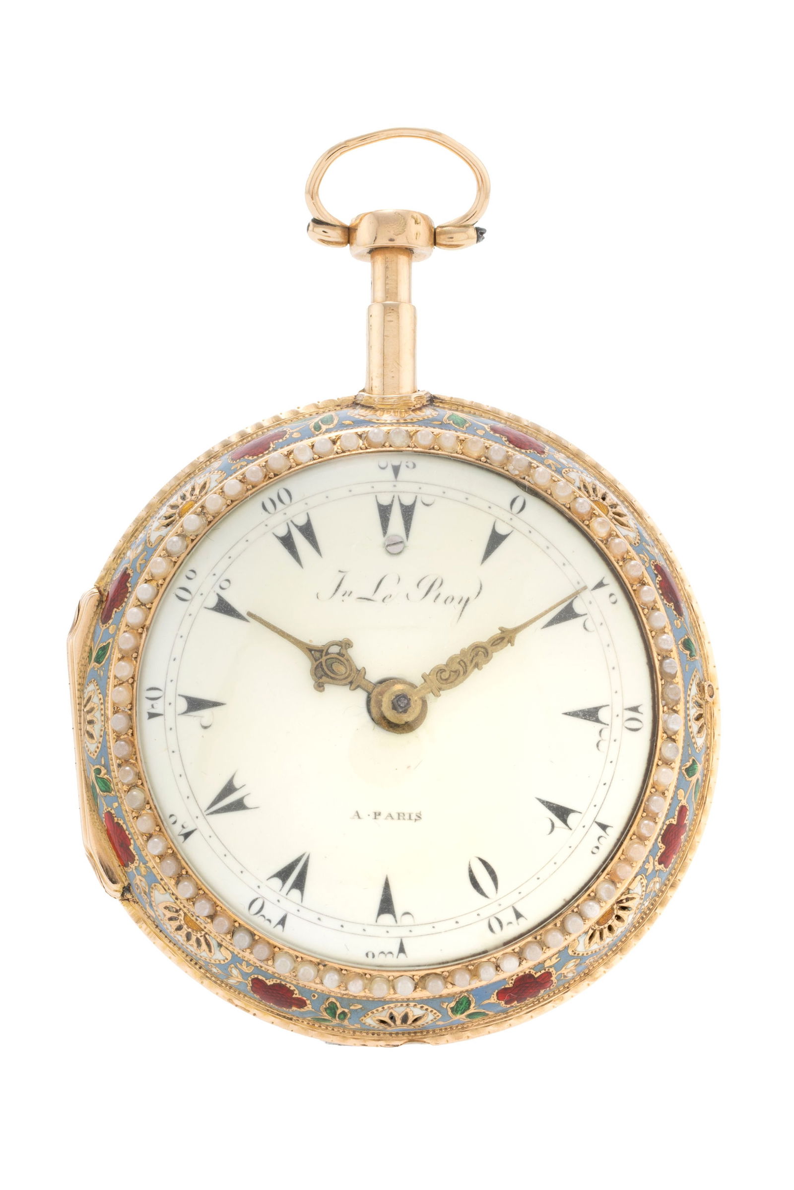 Julien Le Roy à Paris pour le marché turc, montre de poche à coq à répé: Julien Le Roy à Paris pour le marché turc, montre de poche à coq à répétition en laiton entièrement émaillée de motifs floraux réhaussée de demi