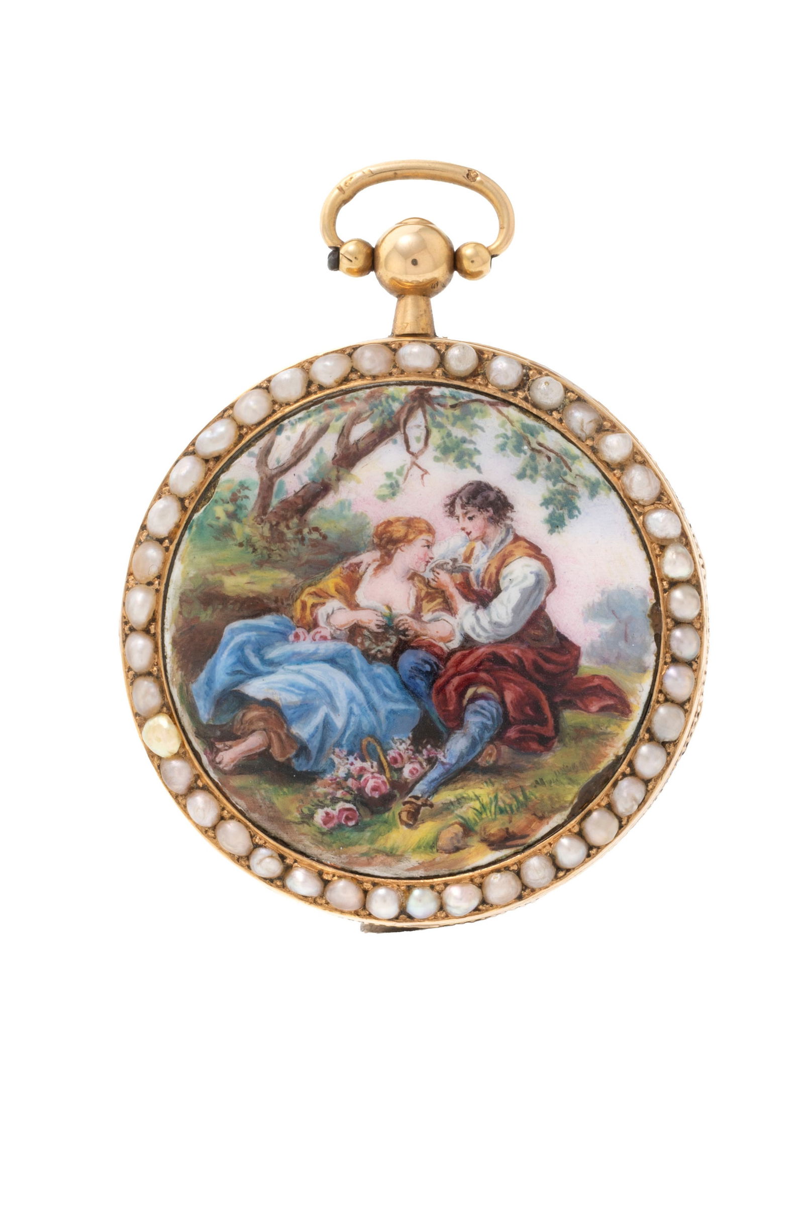 Montre de poche à coq en or ornée d'une peinture sur émail représentant un coupl - 3