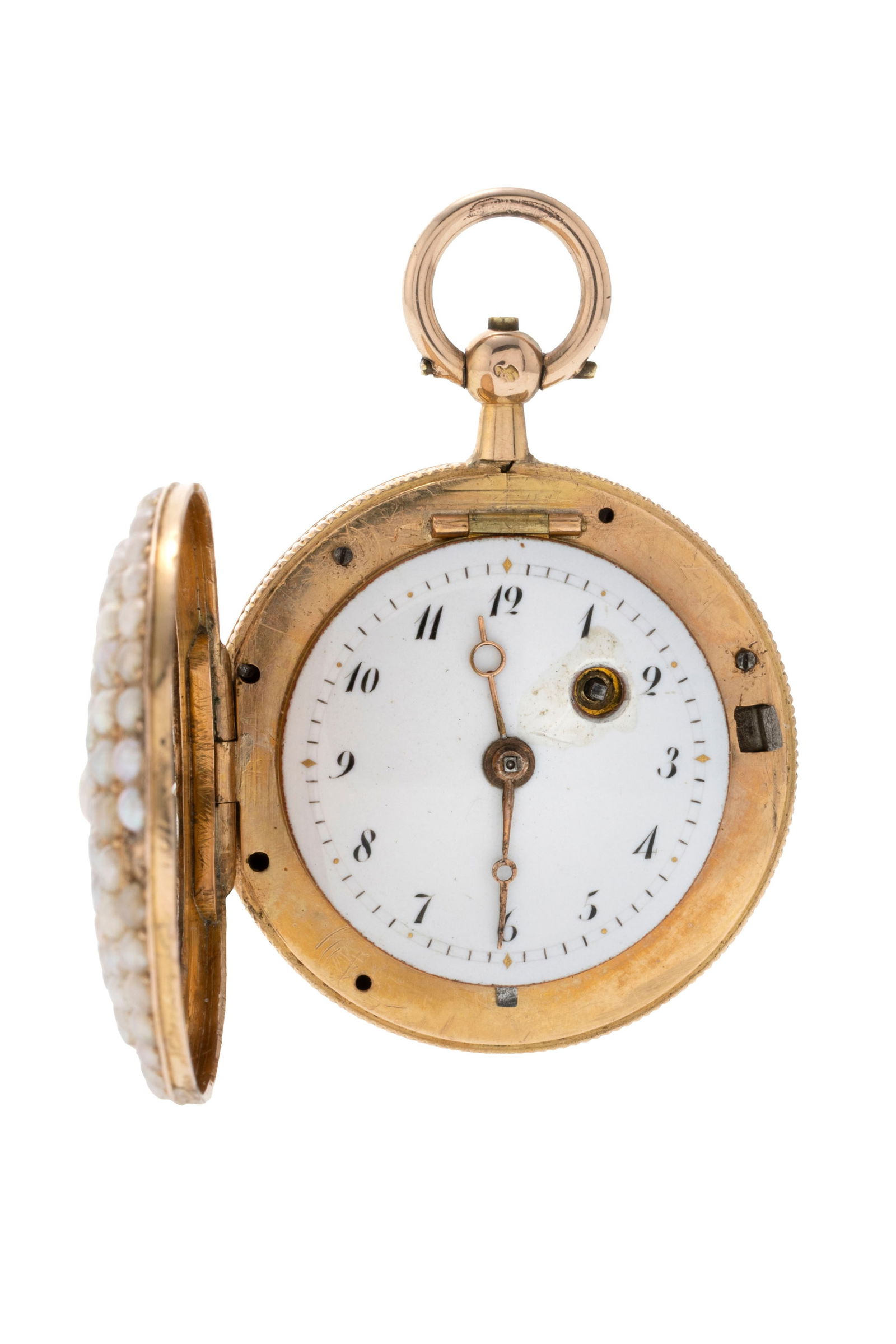 Montre de poche à coq en or entièrement ornée de demi perle en chute, début XIXe - 2