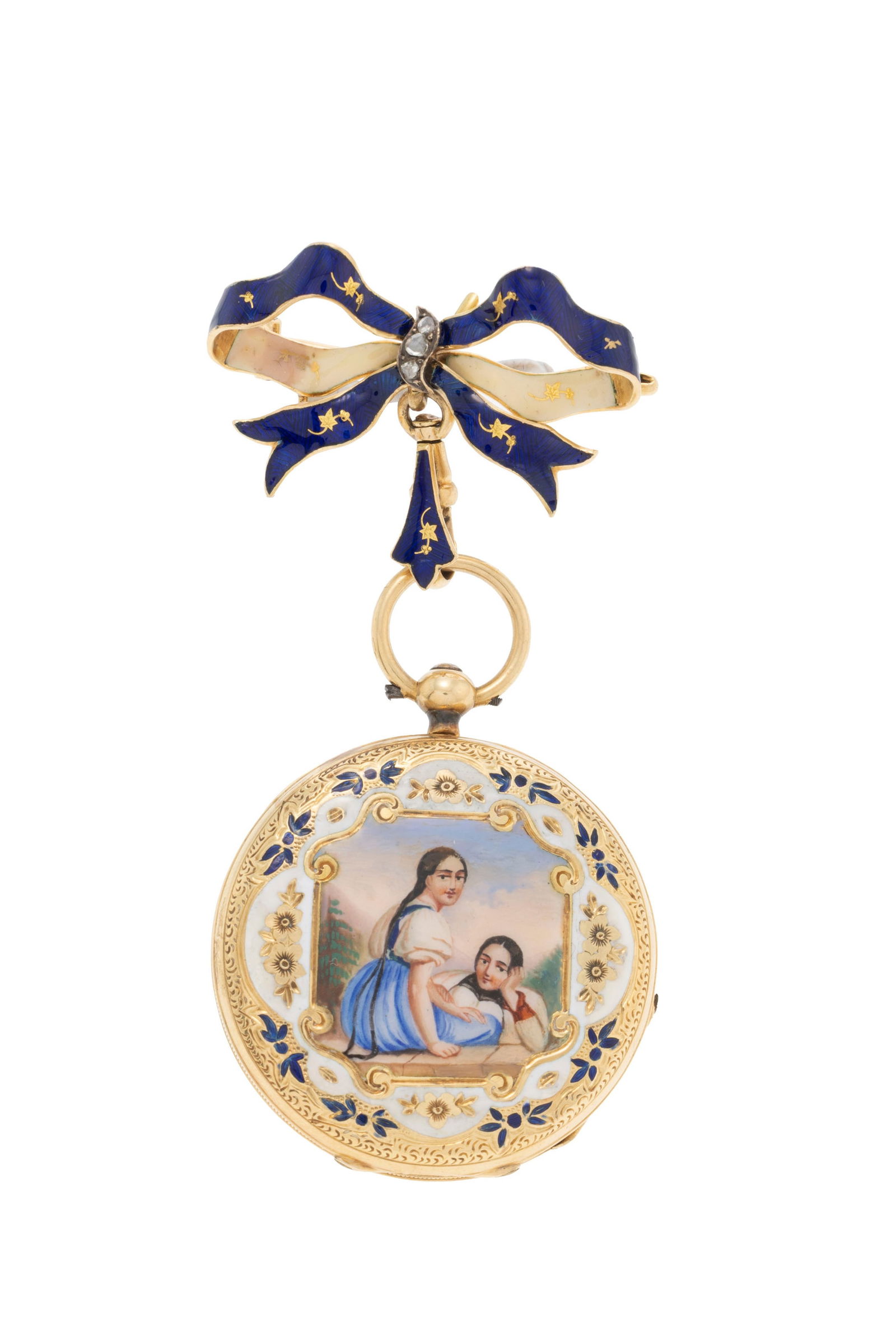 Robert & Cie Genève, montre de poche en or 750 et émail polychrome réhaussée d'u: Robert & Cie Genève, montre de poche en or 750 et émail polychrome réhaussée d'une broche en or 750 et émail sertie de diamants Mouvement: mécanique Boîtier: n&#