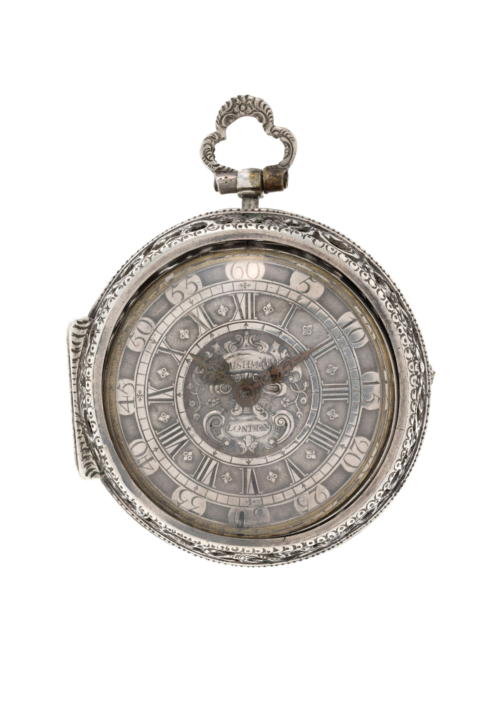 John Bushman London, montre de poche à coq en argent, boîtier de protection ajouré &#: John Bushman London, montre de poche à coq en argent, boîtier de protection ajouré à décor d'oiseaux, fond du boîtier orné d'armoiries, fin XVIIe, début XVIIIe
