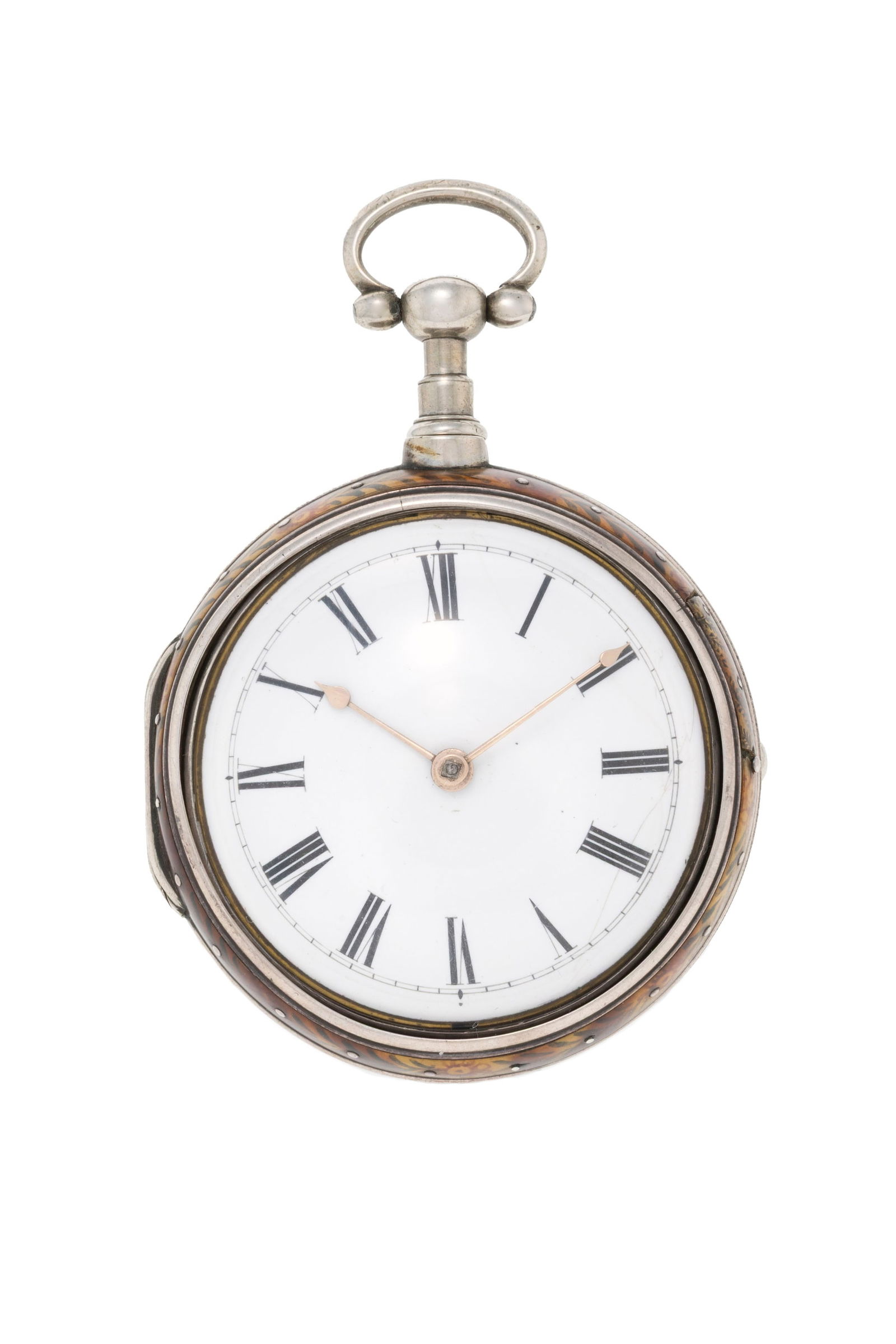 "Spieer"?, montre de poche à coq en argent avec boîtier de protection en argent orné : "Spieer"?, montre de poche à coq en argent avec boîtier de protection en argent orné d'écaille de tortue décoré d'une scène peinte, fin XVIIIe, début XIXe s. Mo