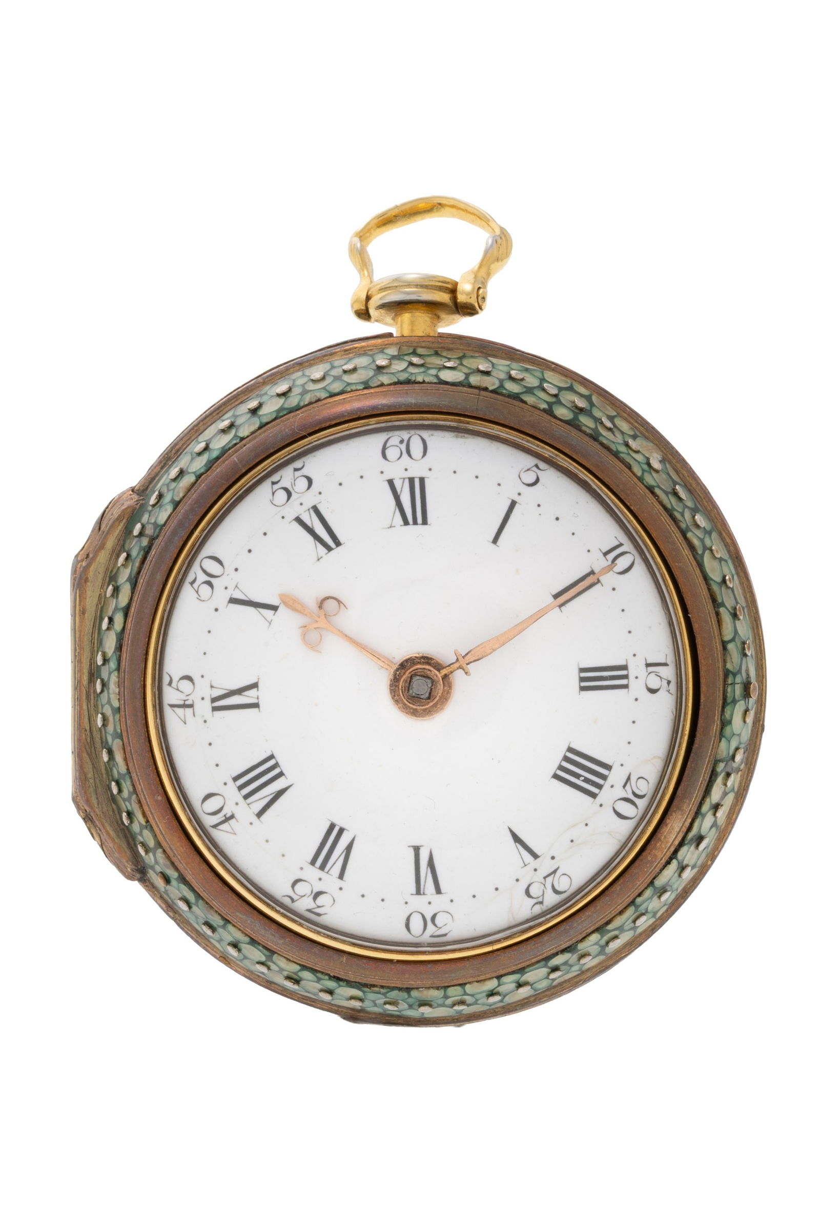 J. Richards London, montre de poche à coq en laiton avec son boîtier de protection en lait: J. Richards London, montre de poche à coq en laiton avec son boîtier de protection en laiton orné de galuchat, circa 1780 Mouvement: mécanique, n°21125 Boîtier: diam. 40