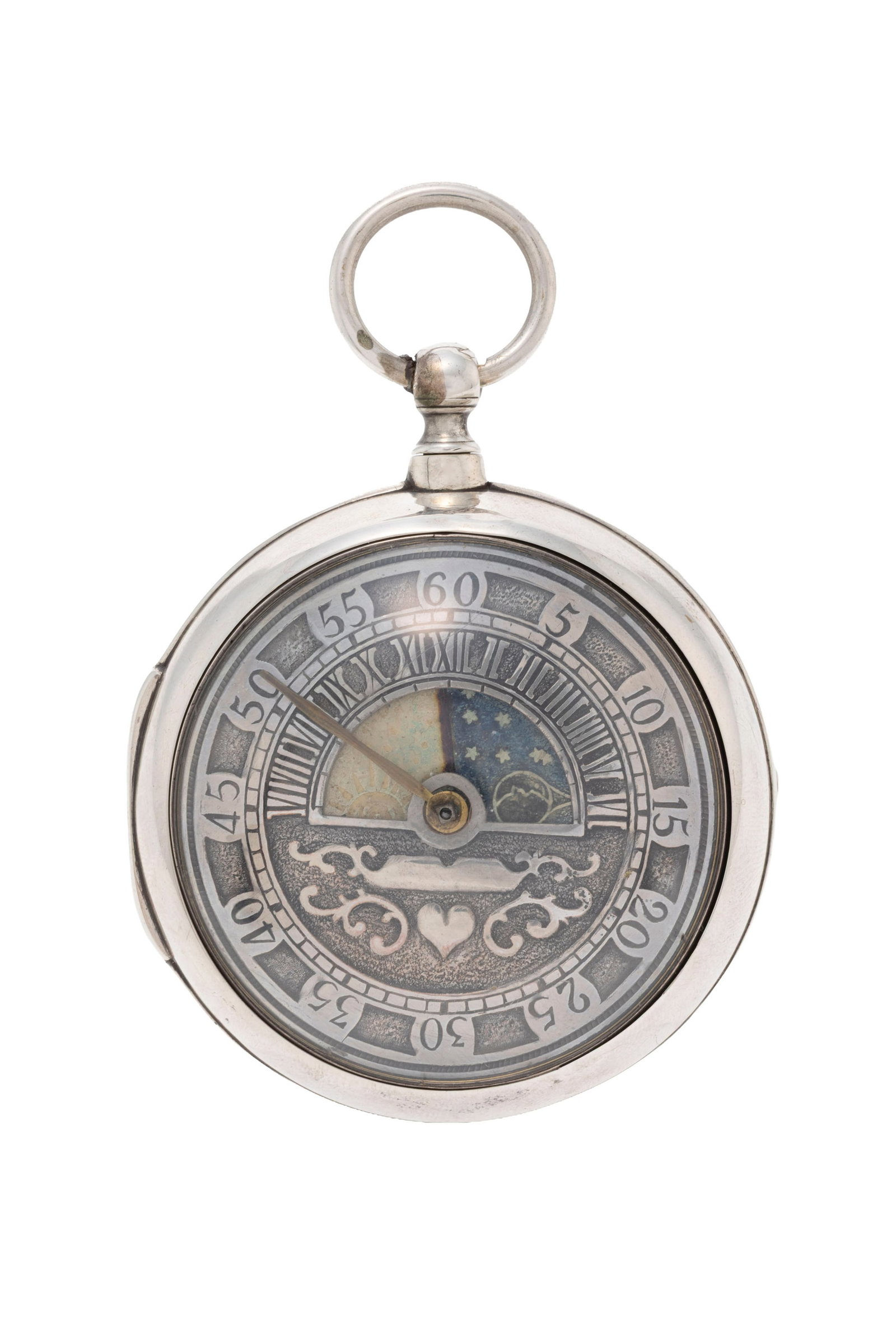 Maston London, montre de poche à coq avec boîtier de protection en argent ornée d'un : Maston London, montre de poche à coq avec boîtier de protection en argent ornée d'un guichet pour l'indication du jour et de la nuit, début XIXe s. Mouvement: mécanique, n