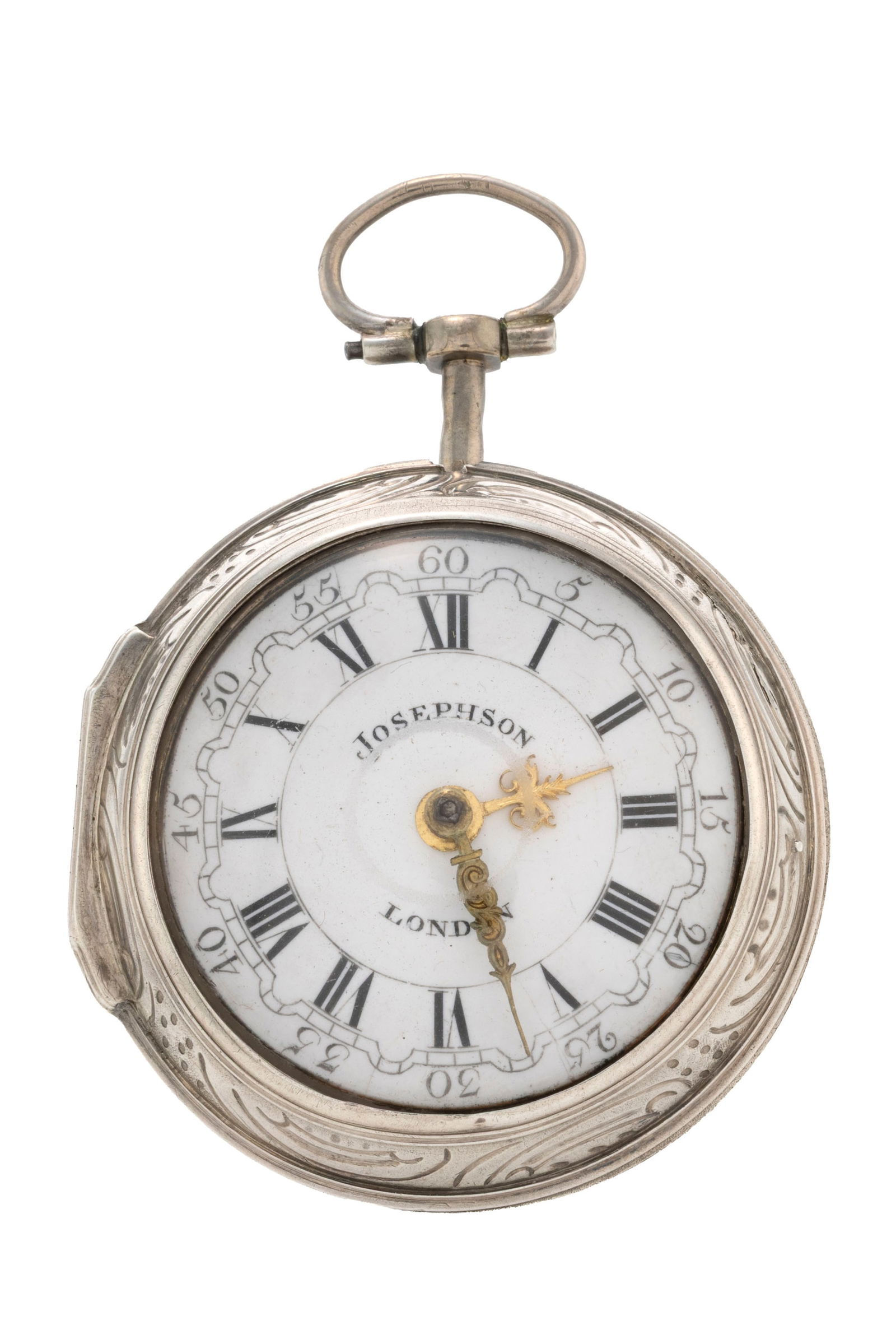 Josephson London, montre de poche à coq en argent avec boîtier de protection en argent rep: Josephson London, montre de poche à coq en argent avec boîtier de protection en argent repoussé représentant une scène à l'antique, deuxième partie XVIIIe s. Mouveme