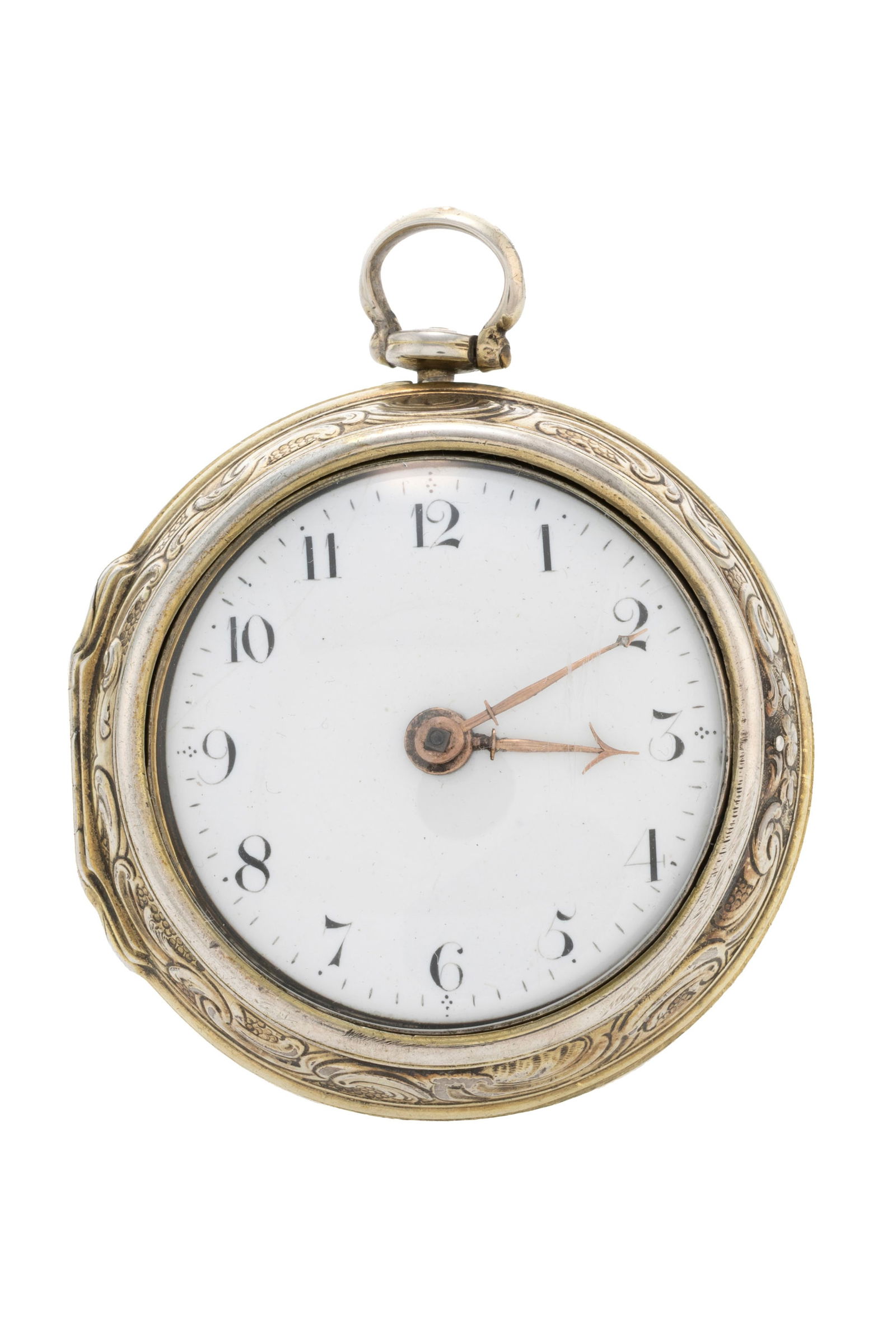 Gardner London, montre de poche à coq en vermeil avec son boîtier de protection en vermeil: Gardner London, montre de poche à coq en vermeil avec son boîtier de protection en vermeil repoussé décoré d'une scène à l'antique, XIXe s. Mouvement: mécanique