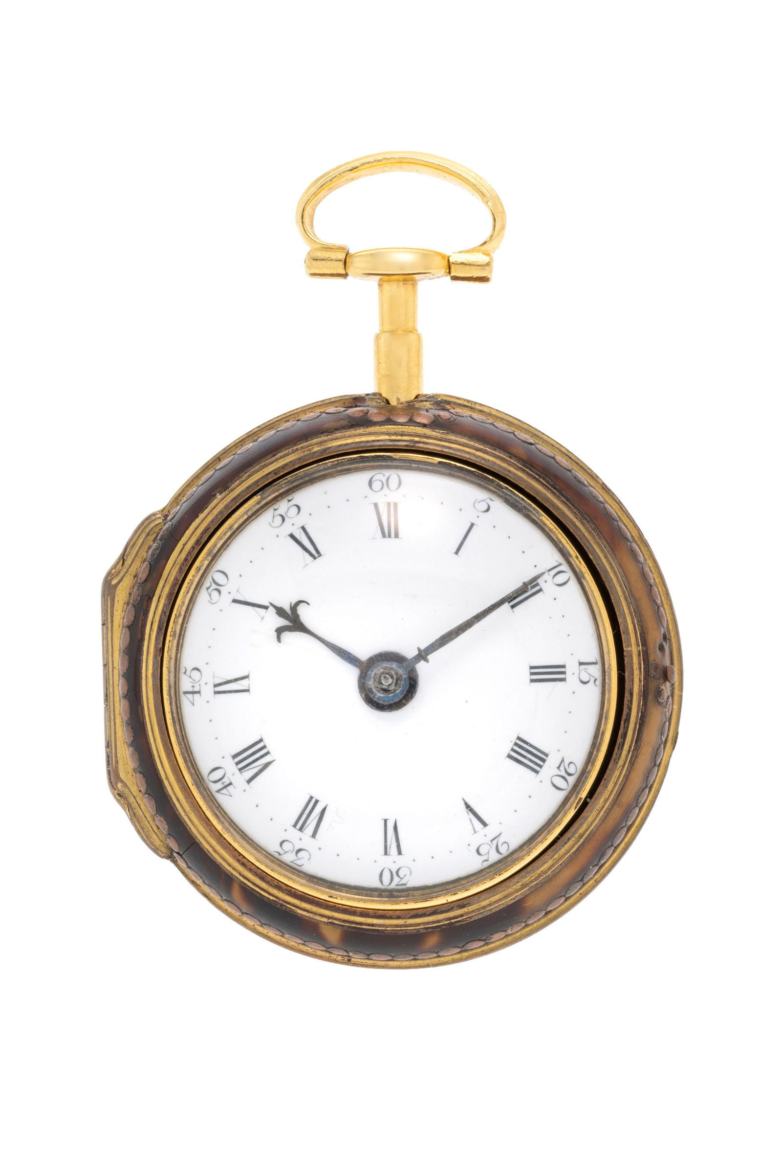 William Thornton London, montre de poche en laiton avec boîtier de protection en laiton orn: William Thornton London, montre de poche en laiton avec boîtier de protection en laiton ornée d'écaille de tortue, milieu XVIIIe s. Mouvement: mécanique, n°12476