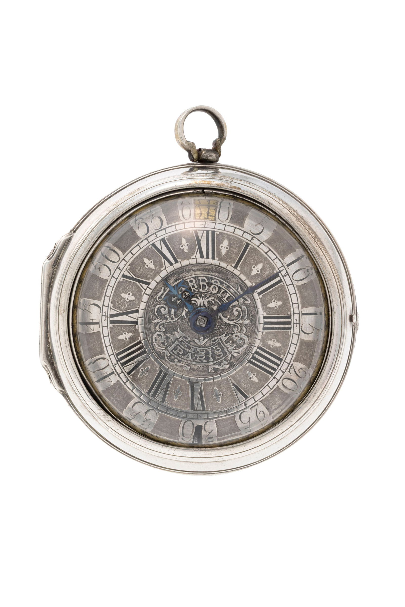Fardoil Paris, montre de poche à coq et boîtier de protection en argent avec indication de: Fardoil Paris, montre de poche à coq et boîtier de protection en argent avec indication de la date, 1ère partie XVIIIe s. Mouvement: mécanique Boîtier: diam. 51 mm