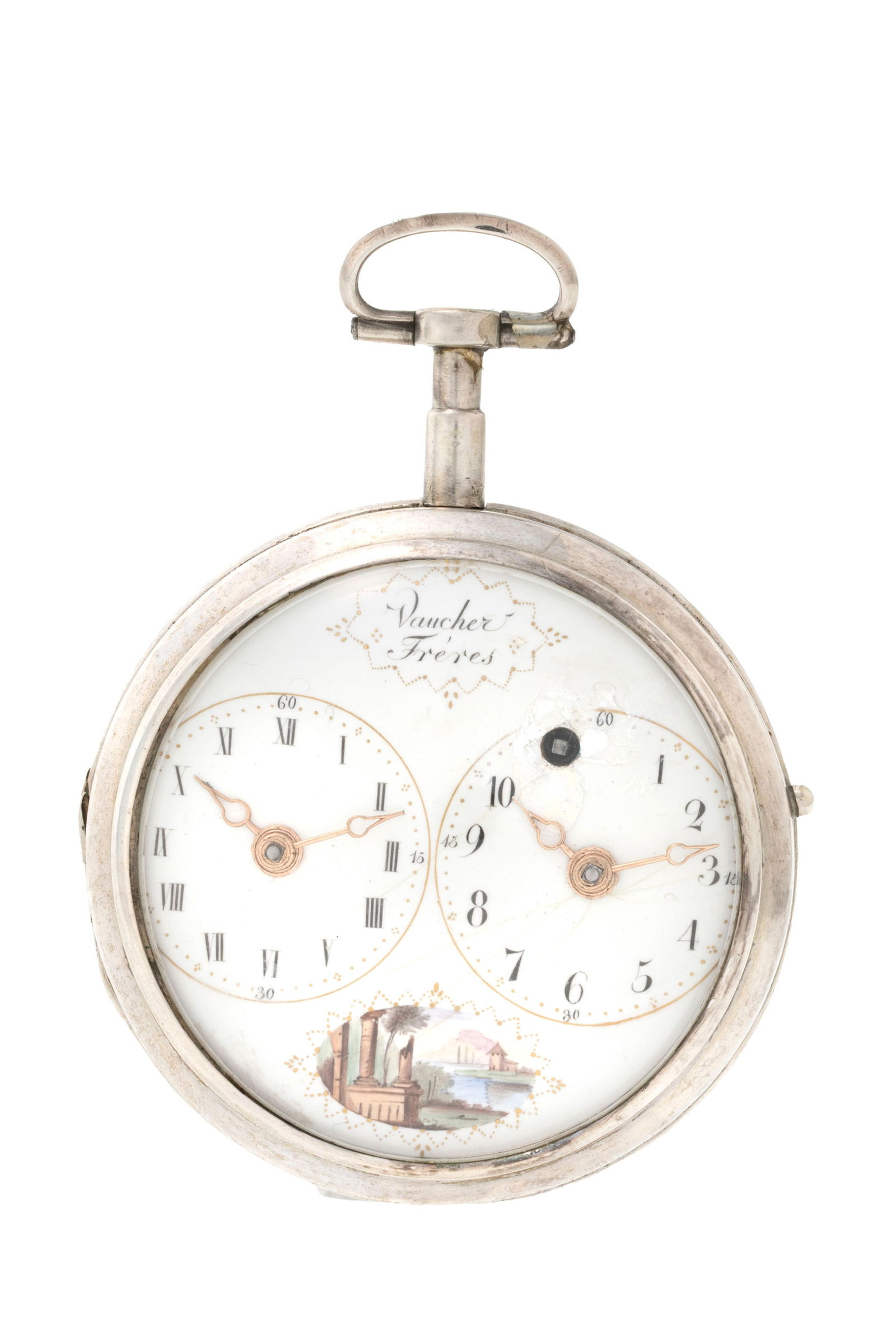 Vaucher Frères, montre de poche à coq en argent avec indication d'un deuxième fuseau : Vaucher Frères, montre de poche à coq en argent avec indication d'un deuxième fuseau horaire, XIXe s. Mouvement: mécanique, n°1583 Boîtier: n°35954, diam. 55 mm