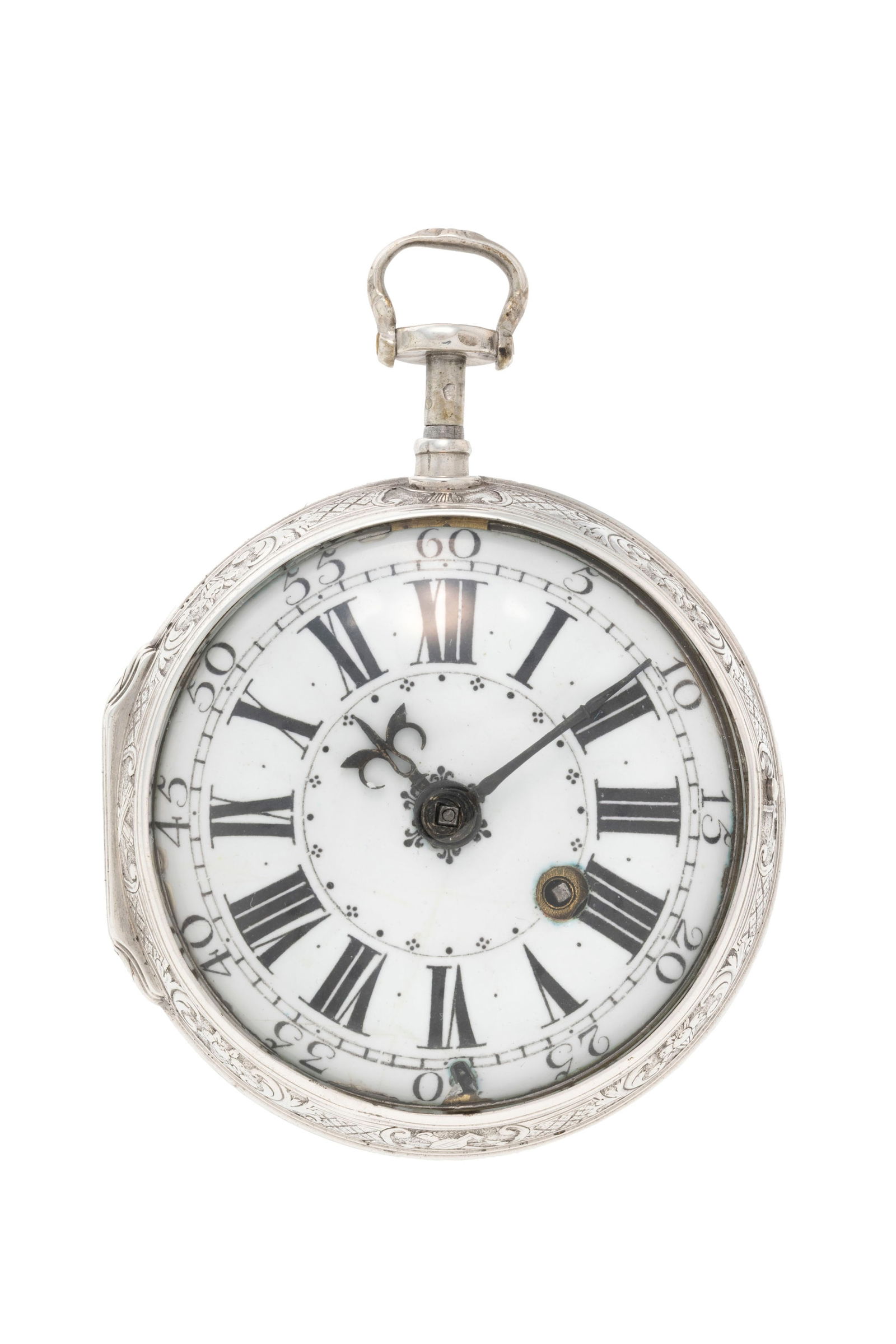 Montre de poche à coq en argent ajouré et gravé à répétition, XVIIIe s: Montre de poche à coq en argent ajouré et gravé à répétition, XVIIIe s. Mouvement: mécanique Boîtier: diam. 54 mm Complication: répétition des heures