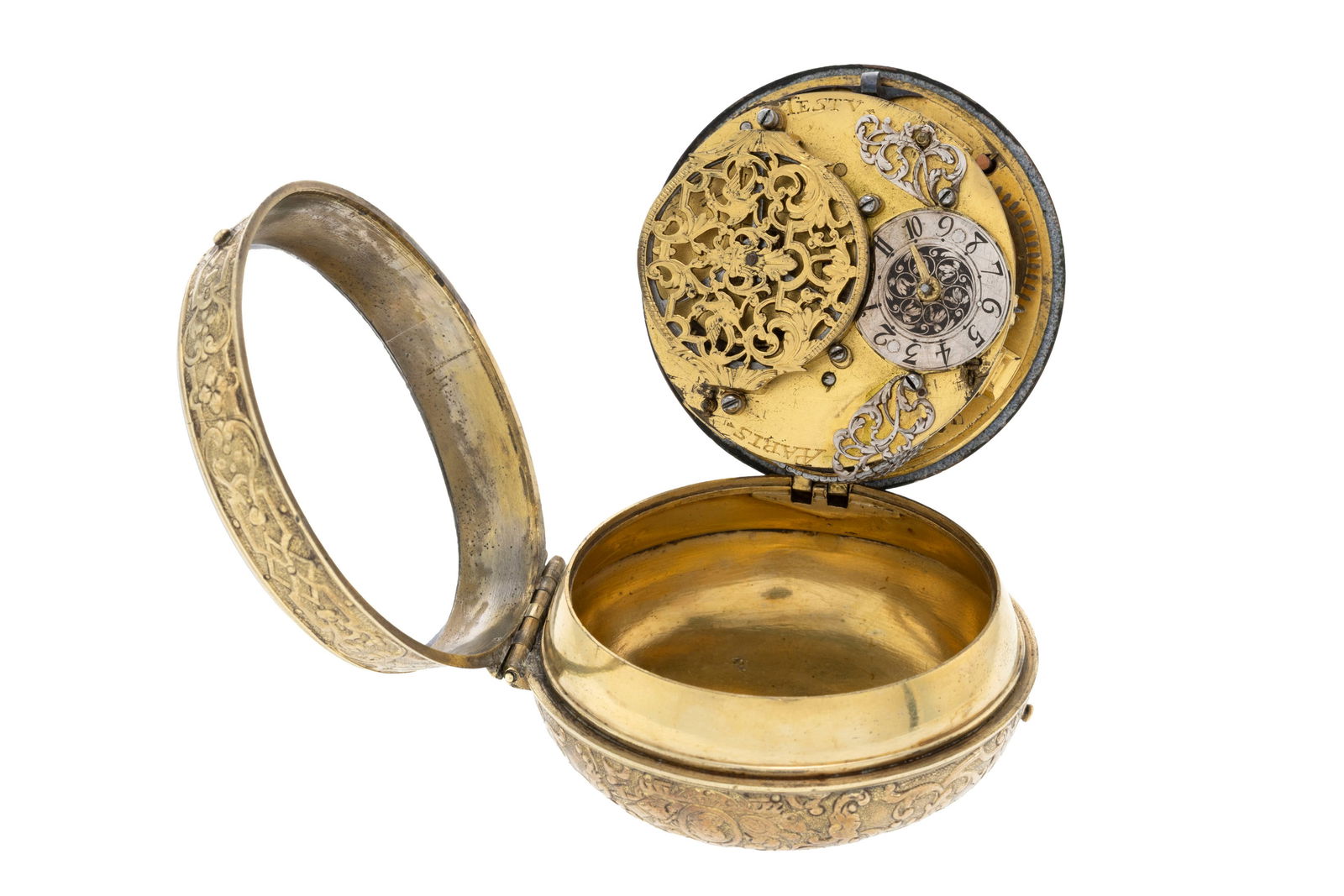 Testu à Paris, montre de poche à coq en laiton gravé d'une scène mythologique, X - 3