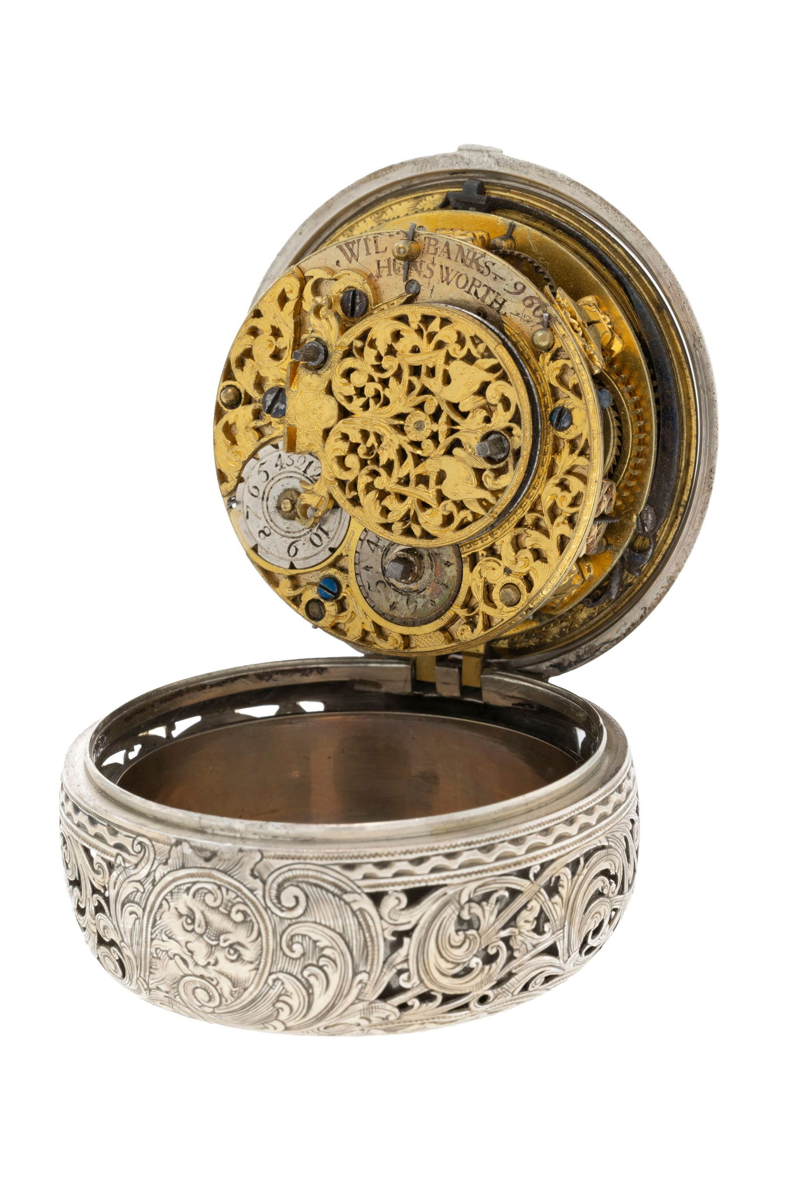 Wil. Banks Hunsworth, montre de poche à coq en argent gravé de motifs floraux avec sonneri - 4