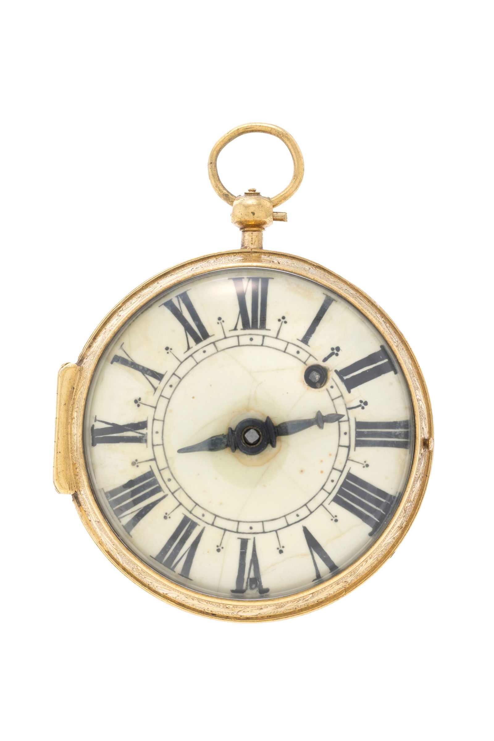 Masvrier à Paris, montre de poche à coq en laiton gravé, début XVIIIe s. Mouve: Masvrier à Paris, montre de poche à coq en laiton gravé, début XVIIIe s. Mouvement: mécanique Boîtier: diam. 56 mm Signature: mouvement ConditionEtat général: