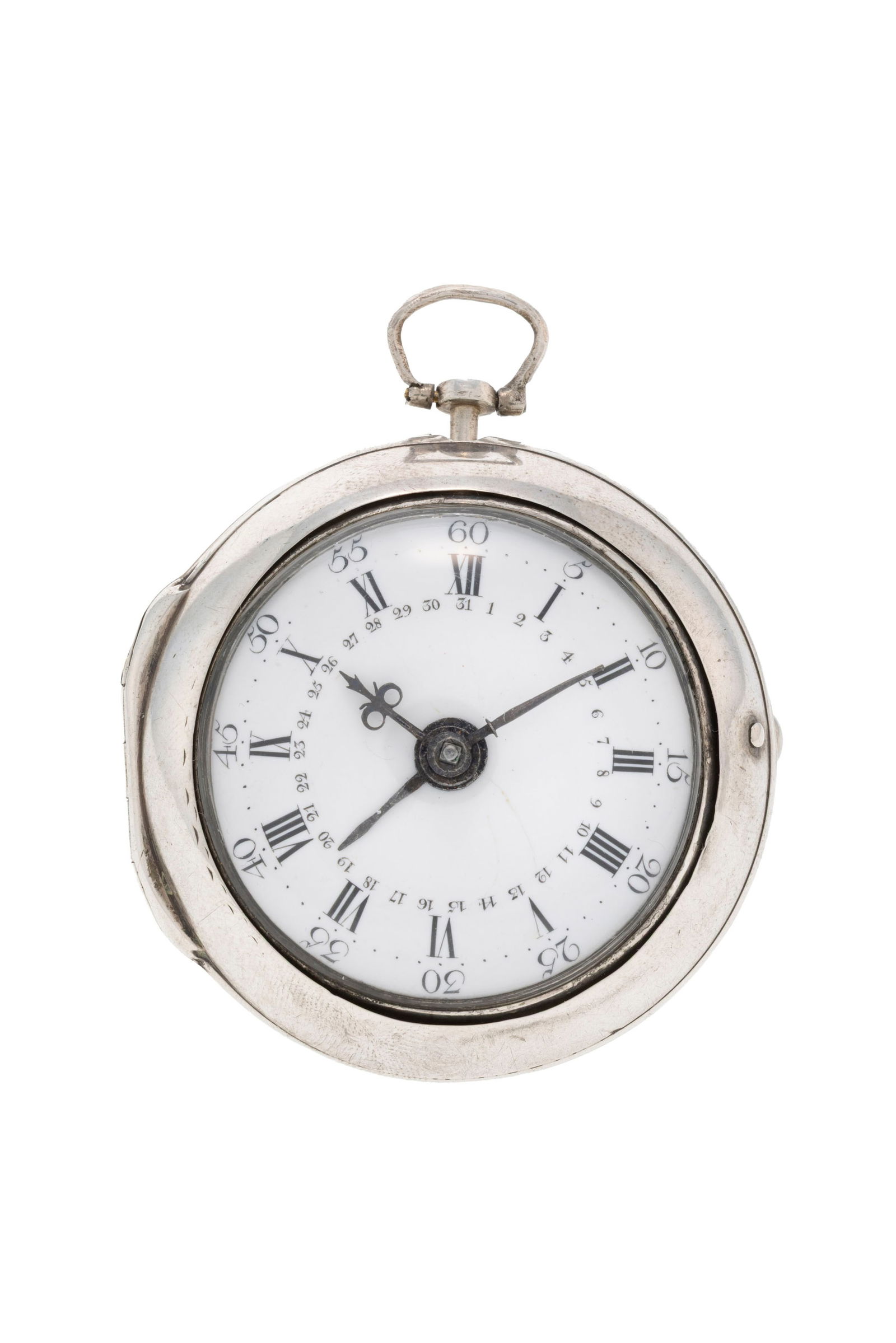 Dan. Cornwell, montre de poche à coq et boîtier de protection en argent avec indication de: Dan. Cornwell, montre de poche à coq et boîtier de protection en argent avec indication de la date, circa 1772 Mouvement: mécanique, n°1026 Boîtier: diam. 41 mm Boîtier