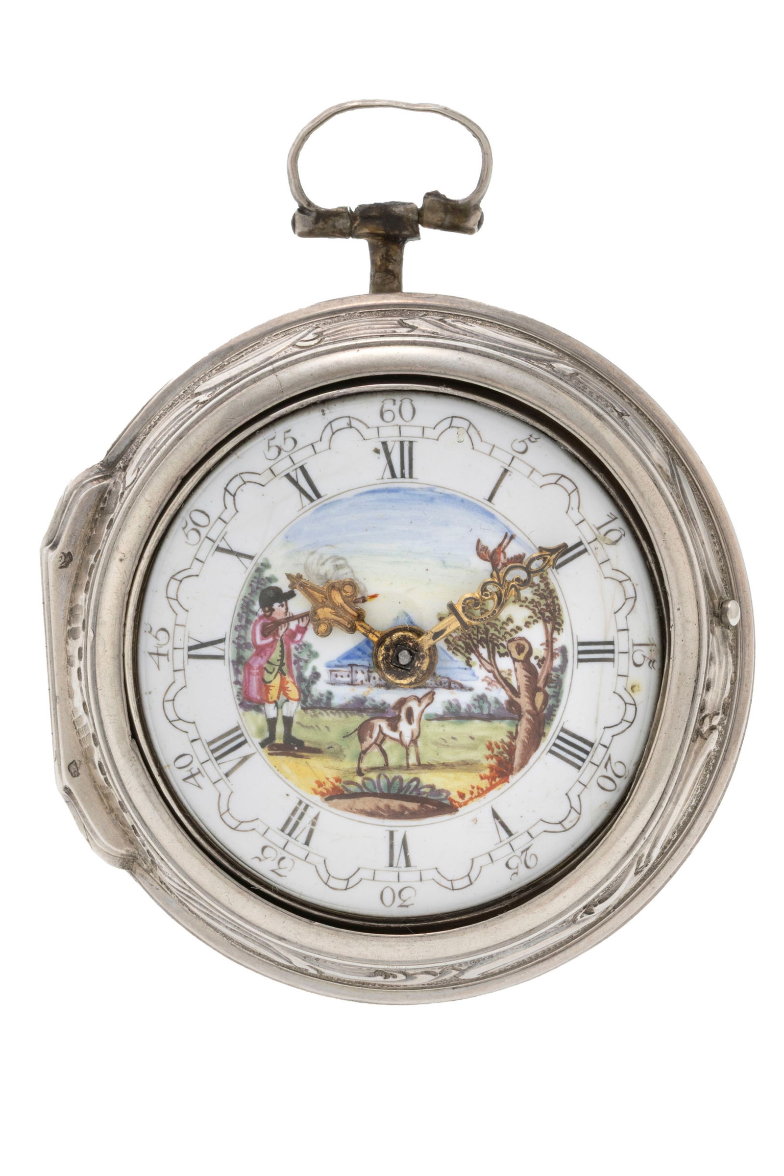 Samson London, montre de poche à coq ornée d'une peinture représentant une scène: Samson London, montre de poche à coq ornée d'une peinture représentant une scène de chasse avec son boîtier de protection en argent repoussé, fin XVIIIe s. Mouvement: