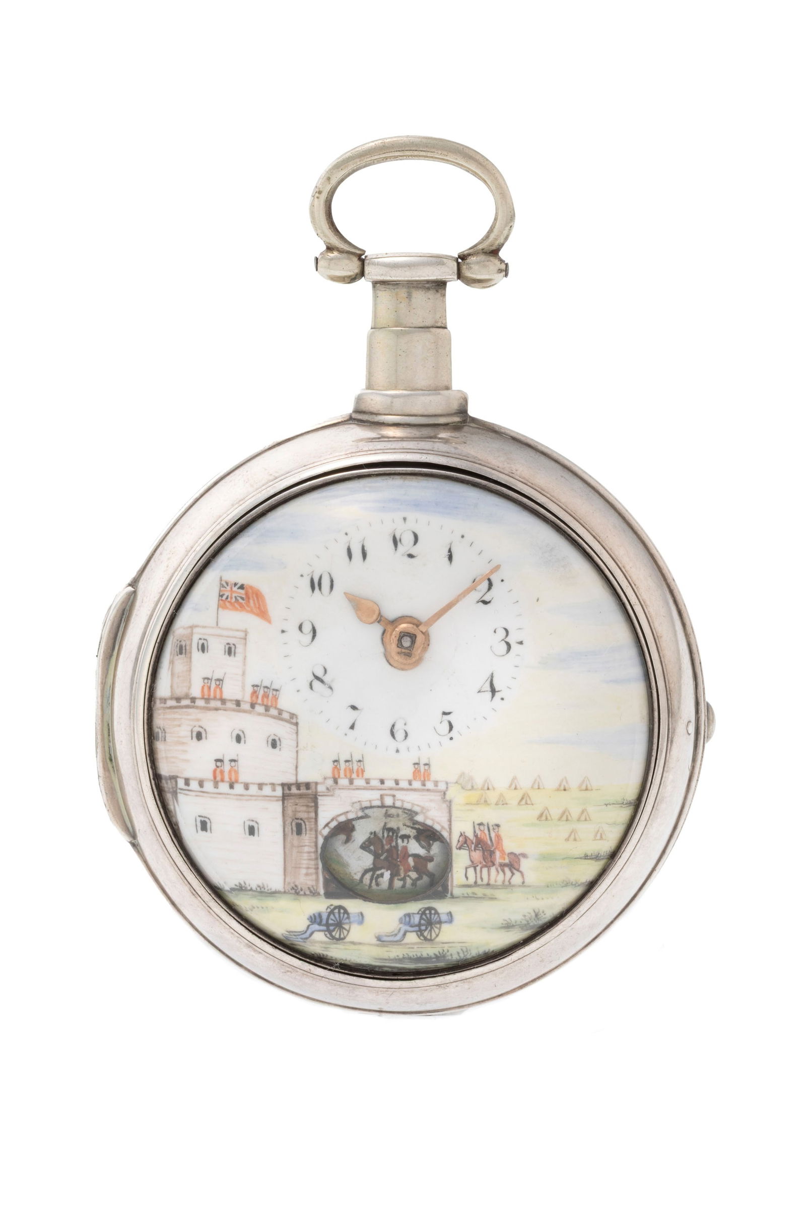 Tasker Folkingham, montre de poche et boîtier de protection en argent commémoratif orn: Tasker Folkingham, montre de poche et boîtier de protection en argent commémoratif ornée d'une miniature figurant une bataille Napoléonienne avec un guichet laissant