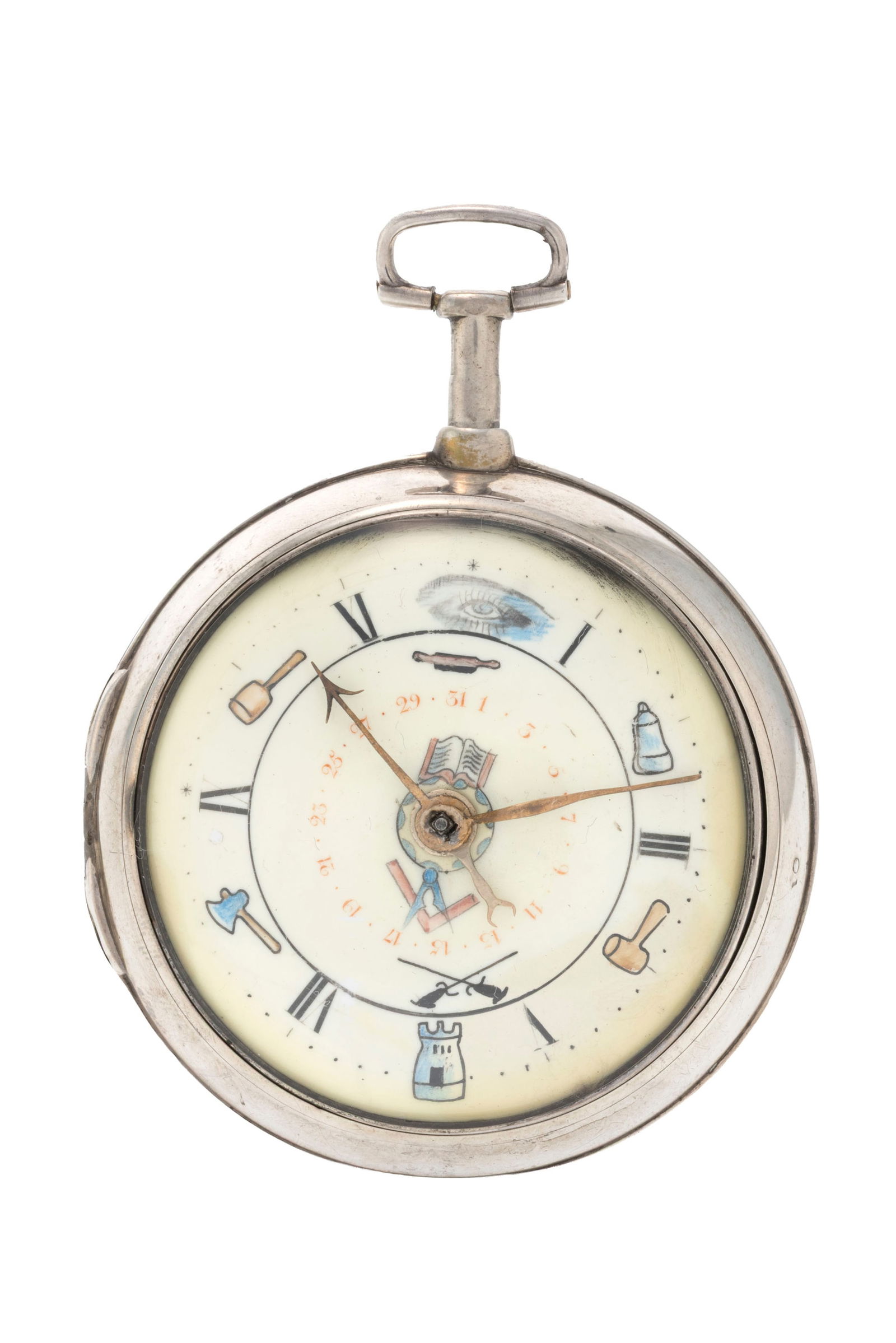Montre de poche à coq franc-maçonnique et boîtier de protection en argent avec indica: Montre de poche à coq franc-maçonnique et boîtier de protection en argent avec indication de la date, circa 1806 Mouvement: mécanique, n°84952 Boîtier: diam. 50 mm