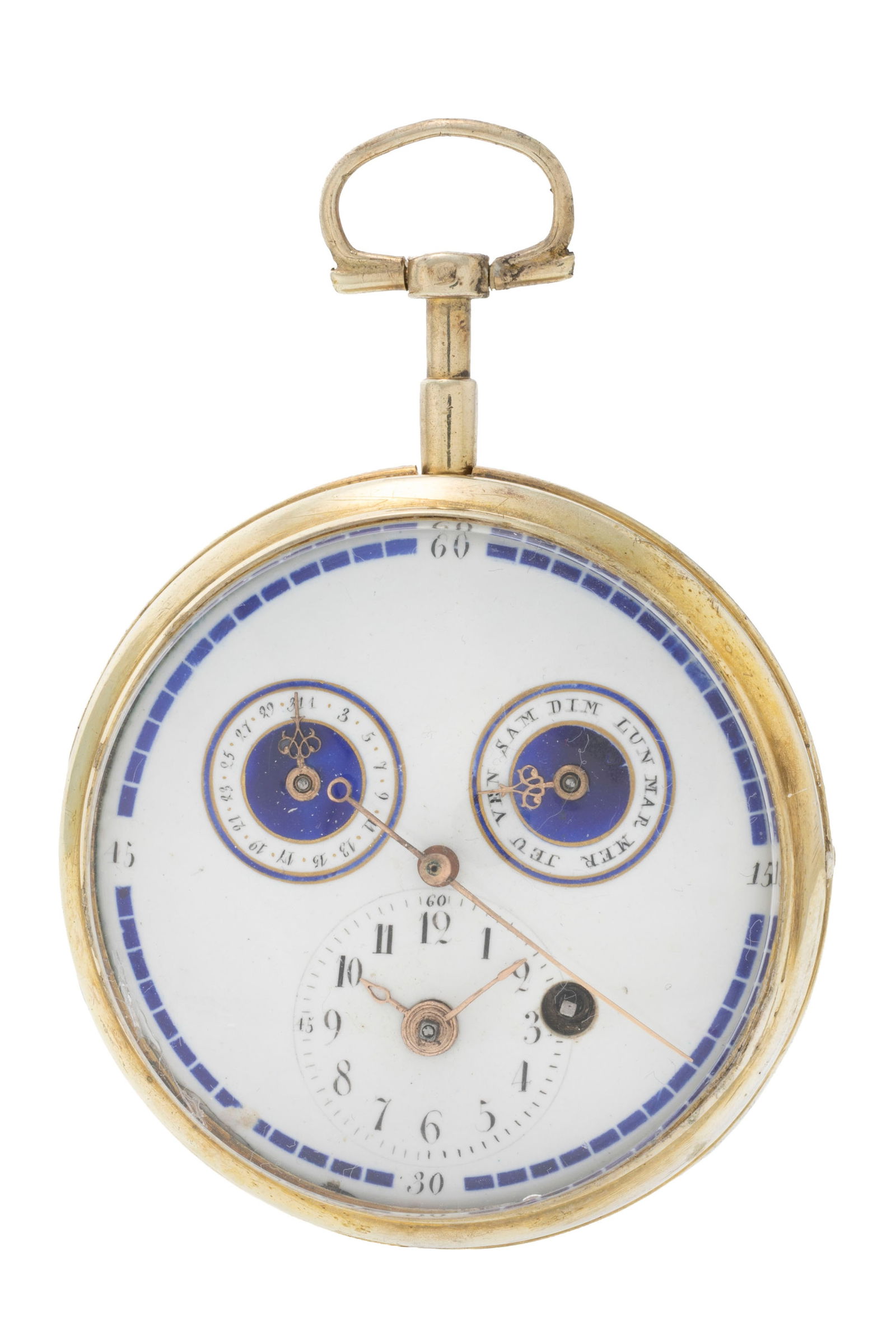 Colladon à Genève, montre de poche à coq en laiton avec indication du jour et de la d: Colladon à Genève, montre de poche à coq en laiton avec indication du jour et de la date, années 1820-30 Mouvement: mécanique Boîtier: n°1572, diam. 54 mm Complicati