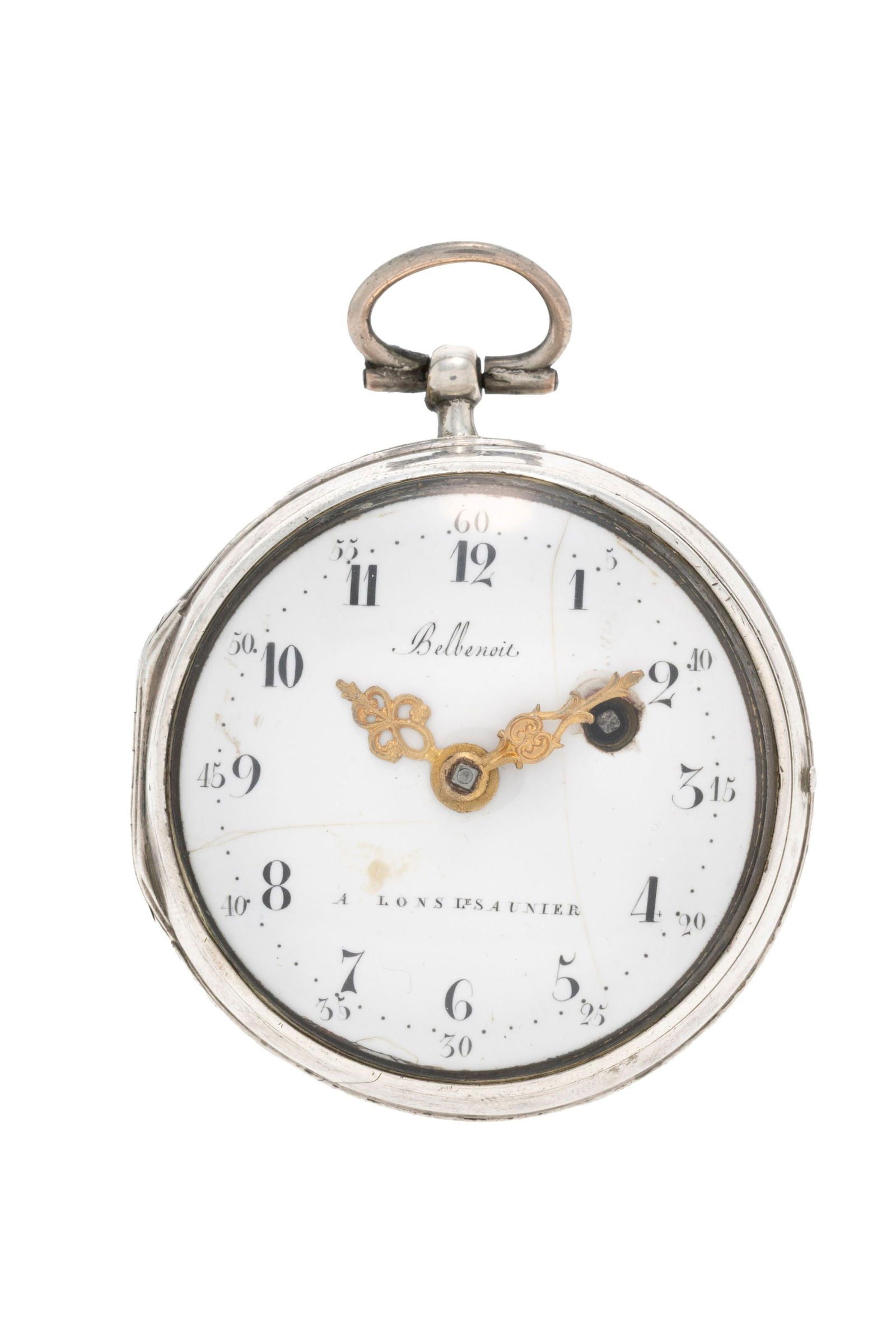 Bellenoit à Lons-Le-Saunier et Jean Jaquet, montre de poche à coq en argent, fin XVIIIe s.: Bellenoit à Lons-Le-Saunier et Jean Jaquet, montre de poche à coq en argent, fin XVIIIe s. Mouvement: mécanique Boîtier: diam. 52 mm Signature Bellenoit à Lons-Le-Saunier: cad